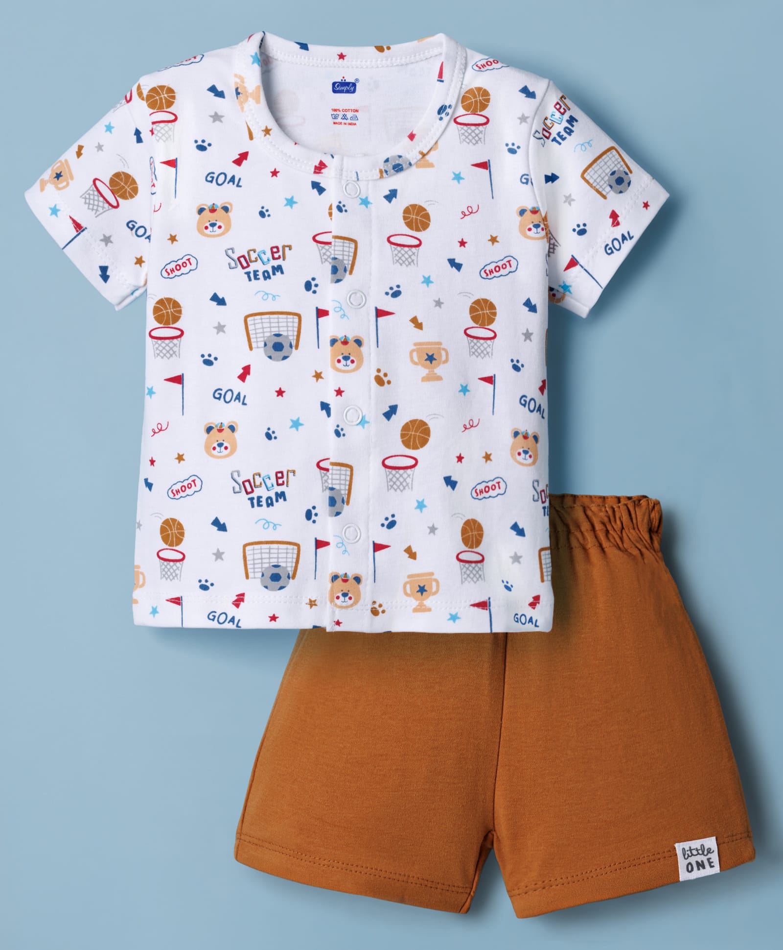 Simply Interlock Knit Half Sleeves T-Shirt & Shorts Night Suit with Bear Print - White & Brown-image-28