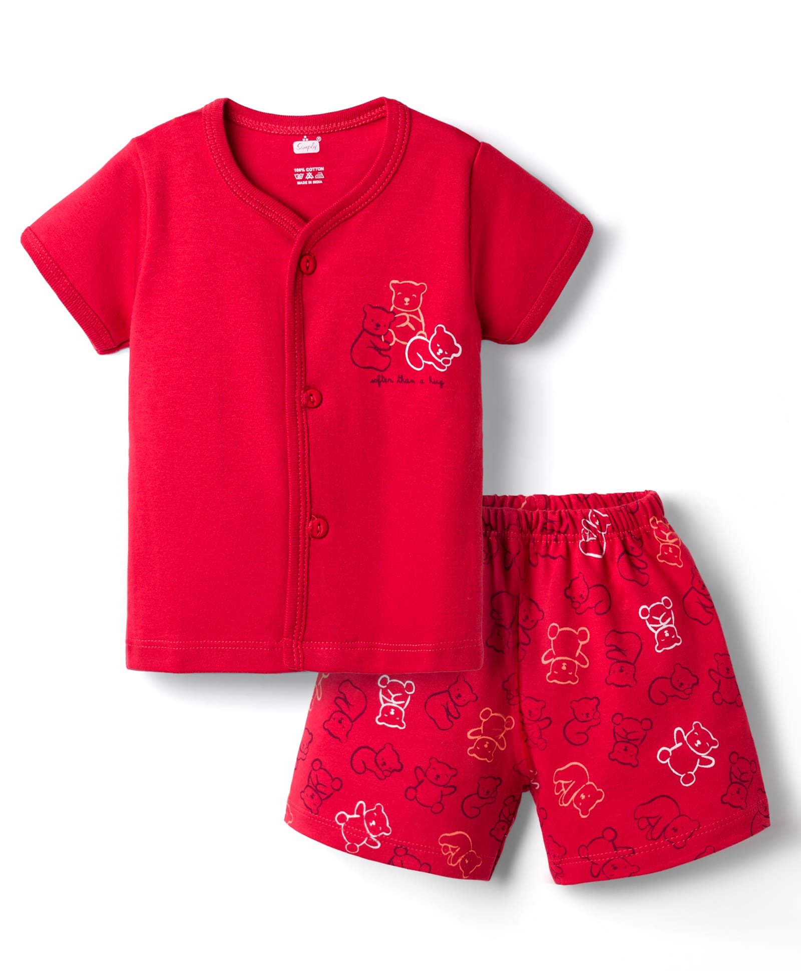 Simply Interlock Knit Half Sleeves Bear Printed T-Shirt & Shorts Night Suit - Red-image-15