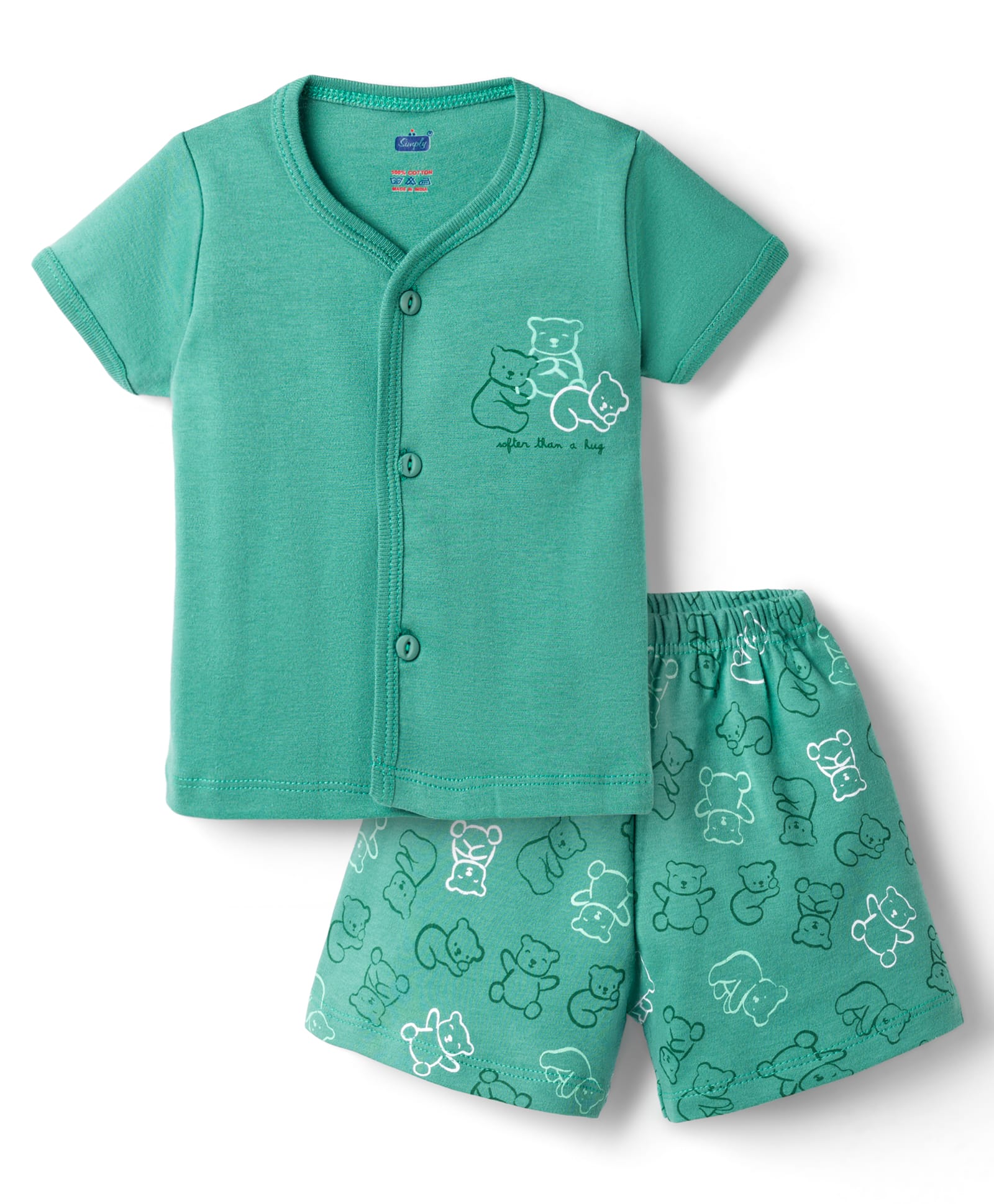 Simply Interlock Knit Half Sleeves Bear Printed T-Shirt & Shorts Night Suit - Teal Blue-image-36