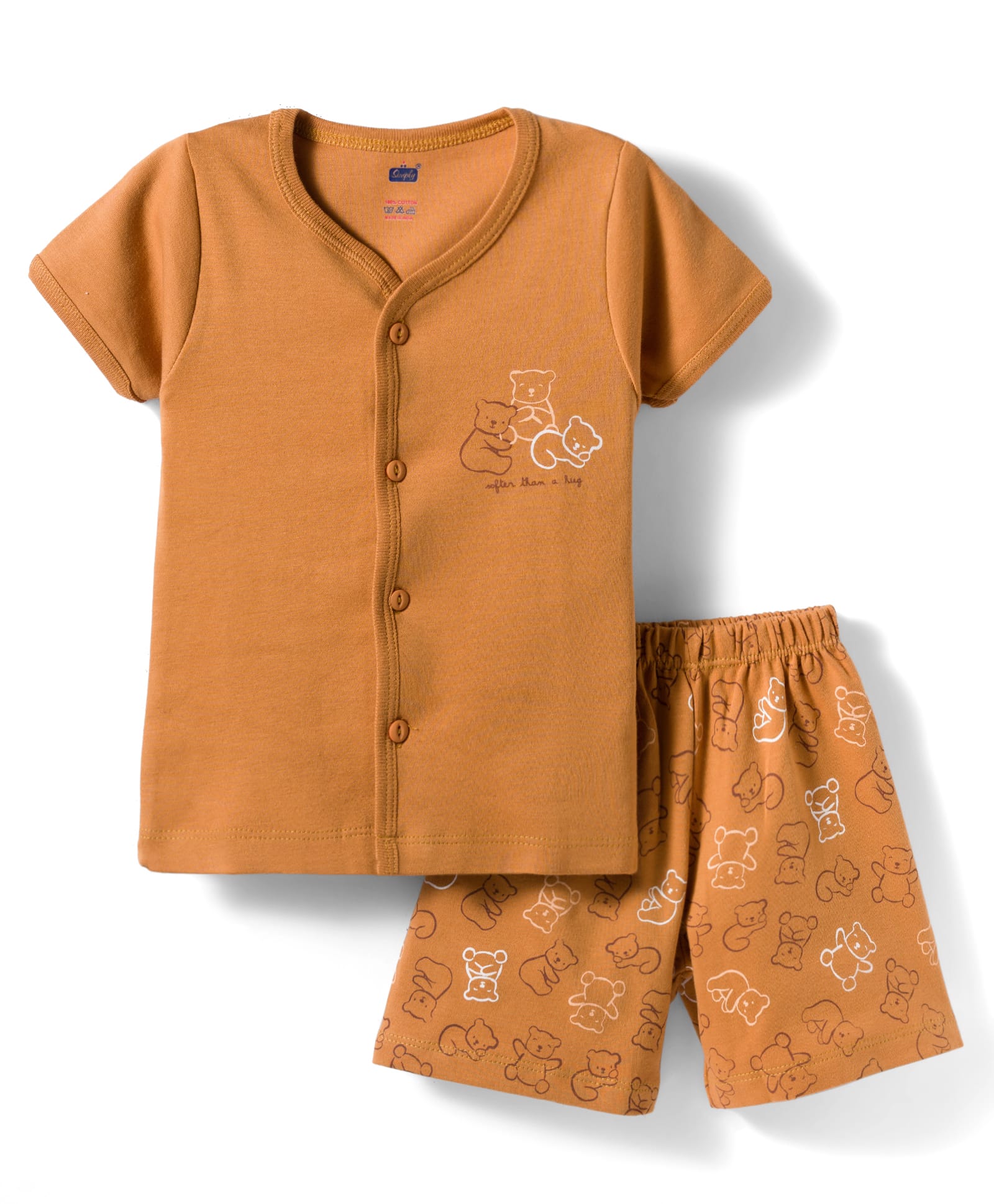 Simply Interlock Knit Half Sleeves Bear Printed T-Shirt & Shorts Night Suit - Brown-picture-25