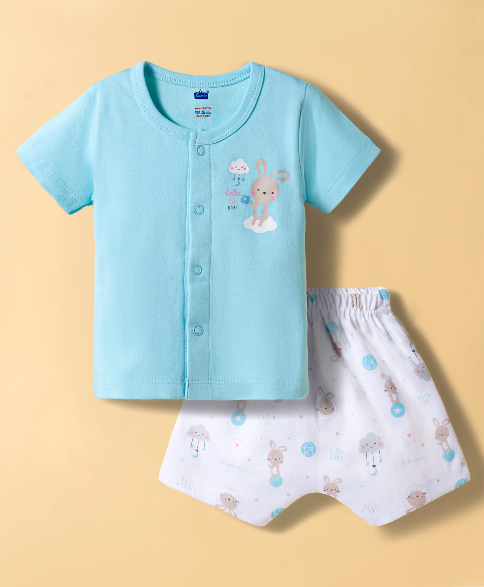 Simply Interlock Knit Half Sleeves Bunny Printed T-Shirt & Shorts Night Suit - Aqua Blue & White-image-46