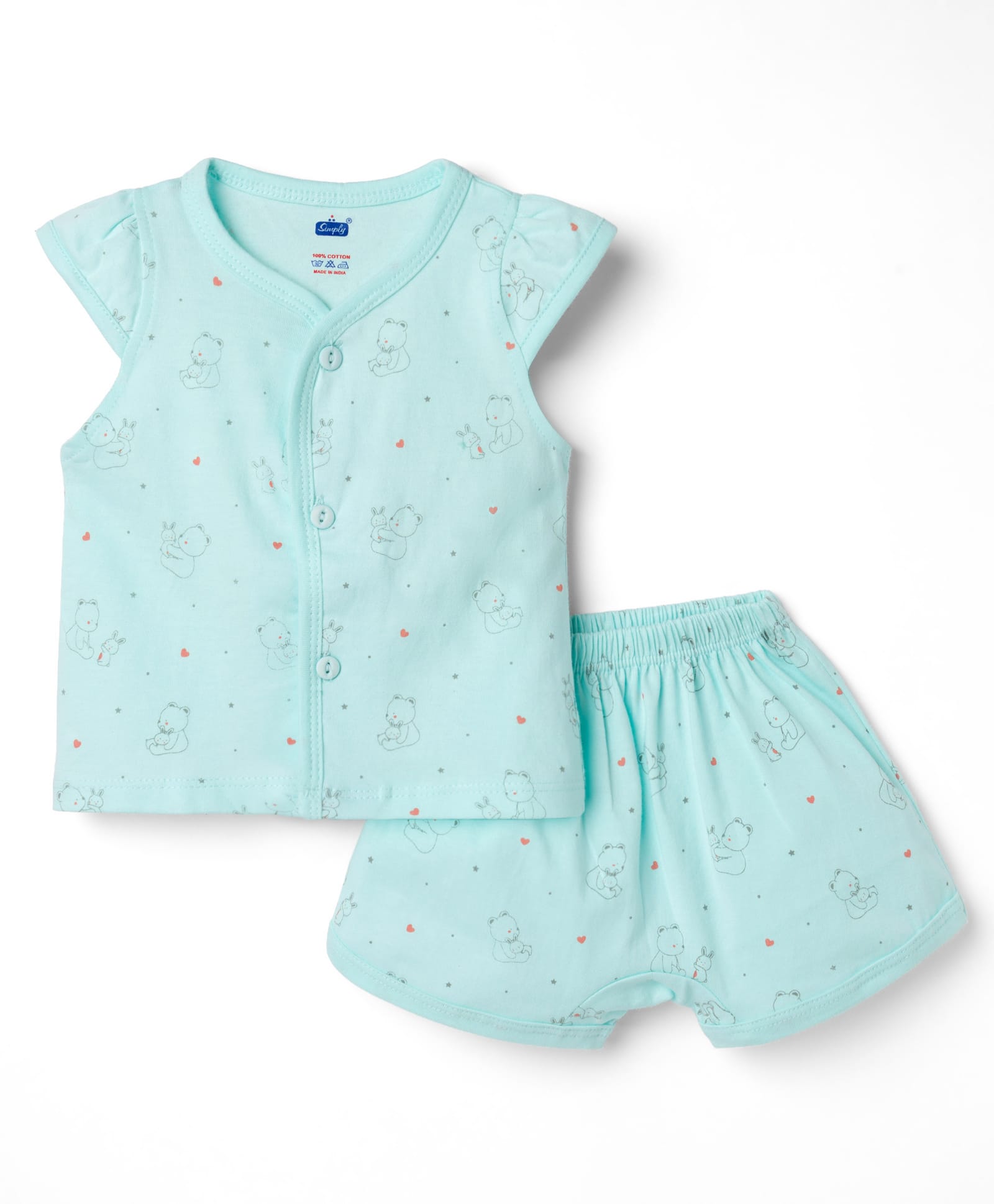 Simply Sinker Knit Half Sleeves Bear & Bunny Printed Co-Ords T-Shirt & Shorts Night Suit - Aqua Blue-image-26