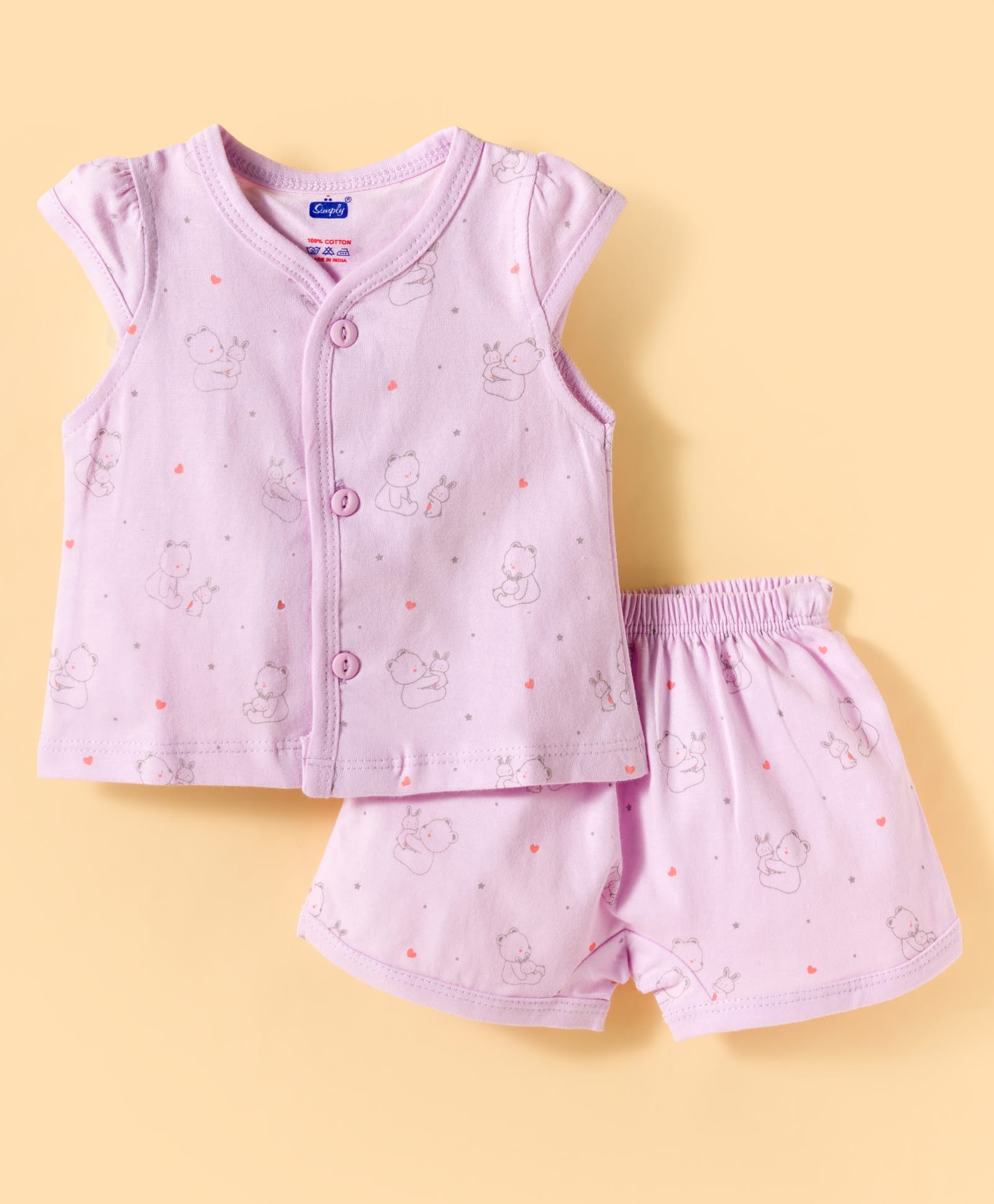 Simply Sinker Knit Half Sleeves Bear & Bunny Printed Co-Ords T-Shirt & Shorts Night Suit - Lilac-image-35