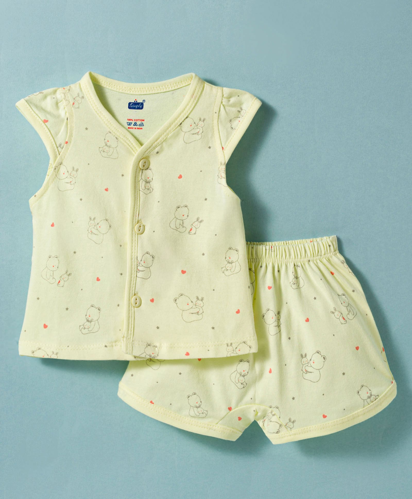 Simply Sinker Knit Half Sleeves Bear & Bunny Printed Co-Ords T-Shirt & Shorts Night Suit - Yellow-image-43