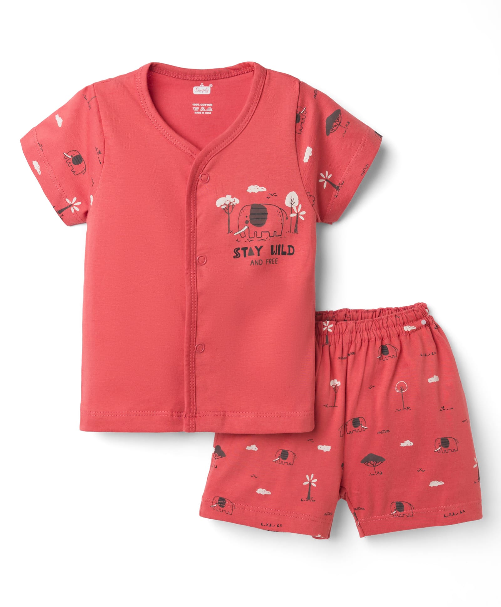 Simply Interlock Knit Half Sleeves Elephant Printed T-Shirt & Shorts Night Suit - Red-image-44