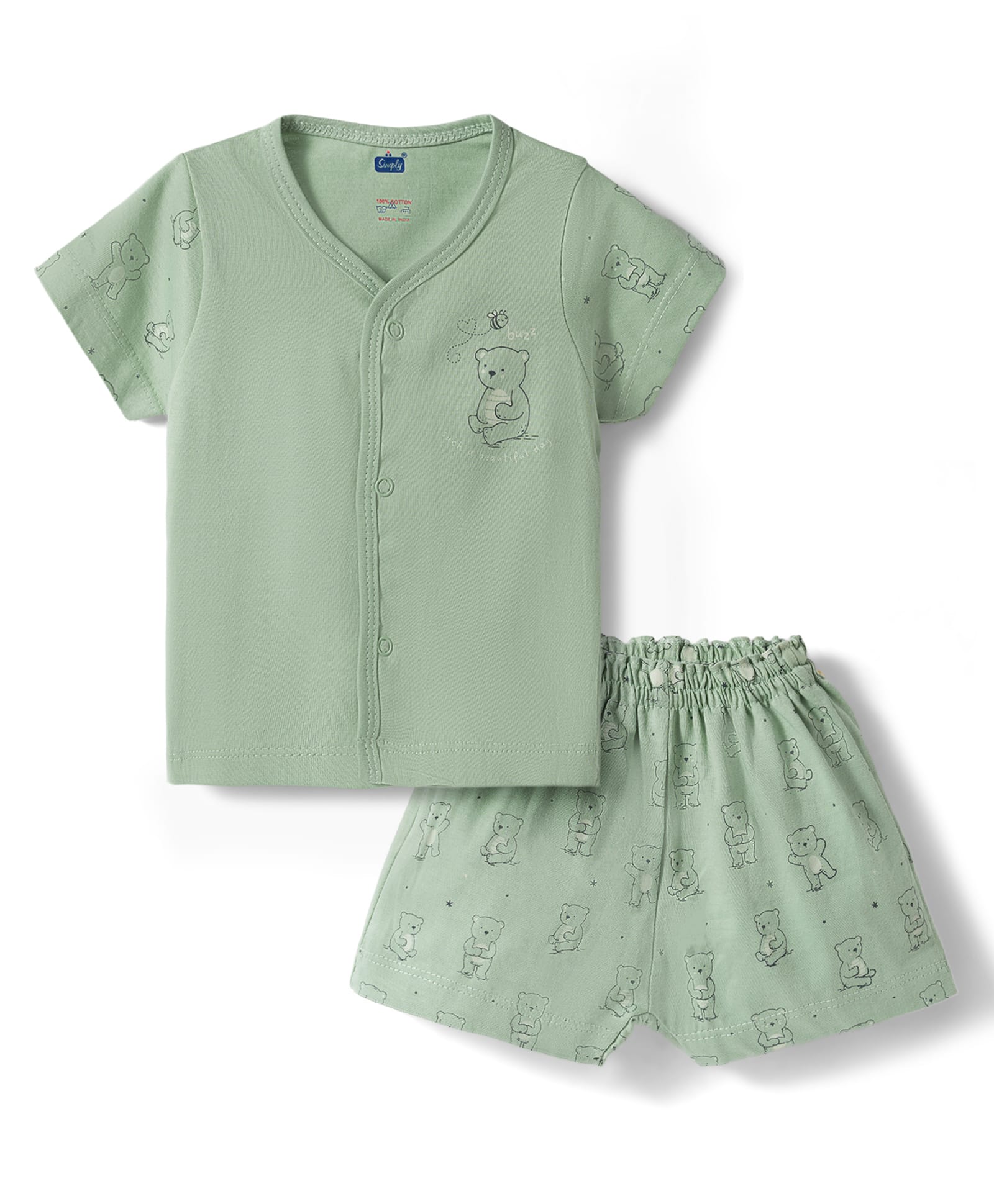 Simply Interlock Knit Half Sleeves Bear Printed T-Shirt & Shorts Night Suit - Olive Green-image-46
