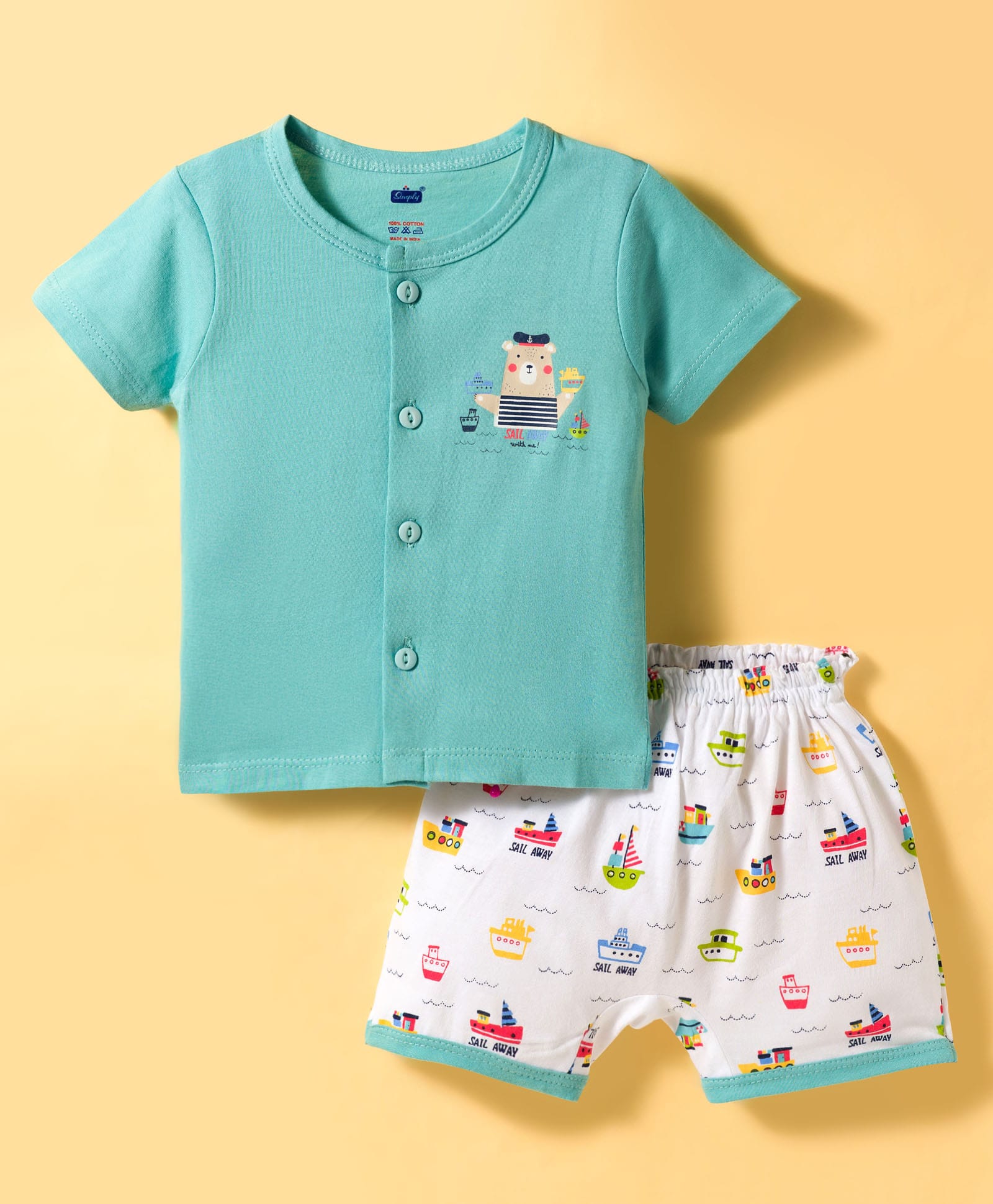 Simply Sinker Knit Half Sleeves Animal & Nautical Theme Printed T-Shirt & Shorts Night Suit - Aqua Blue-image-11