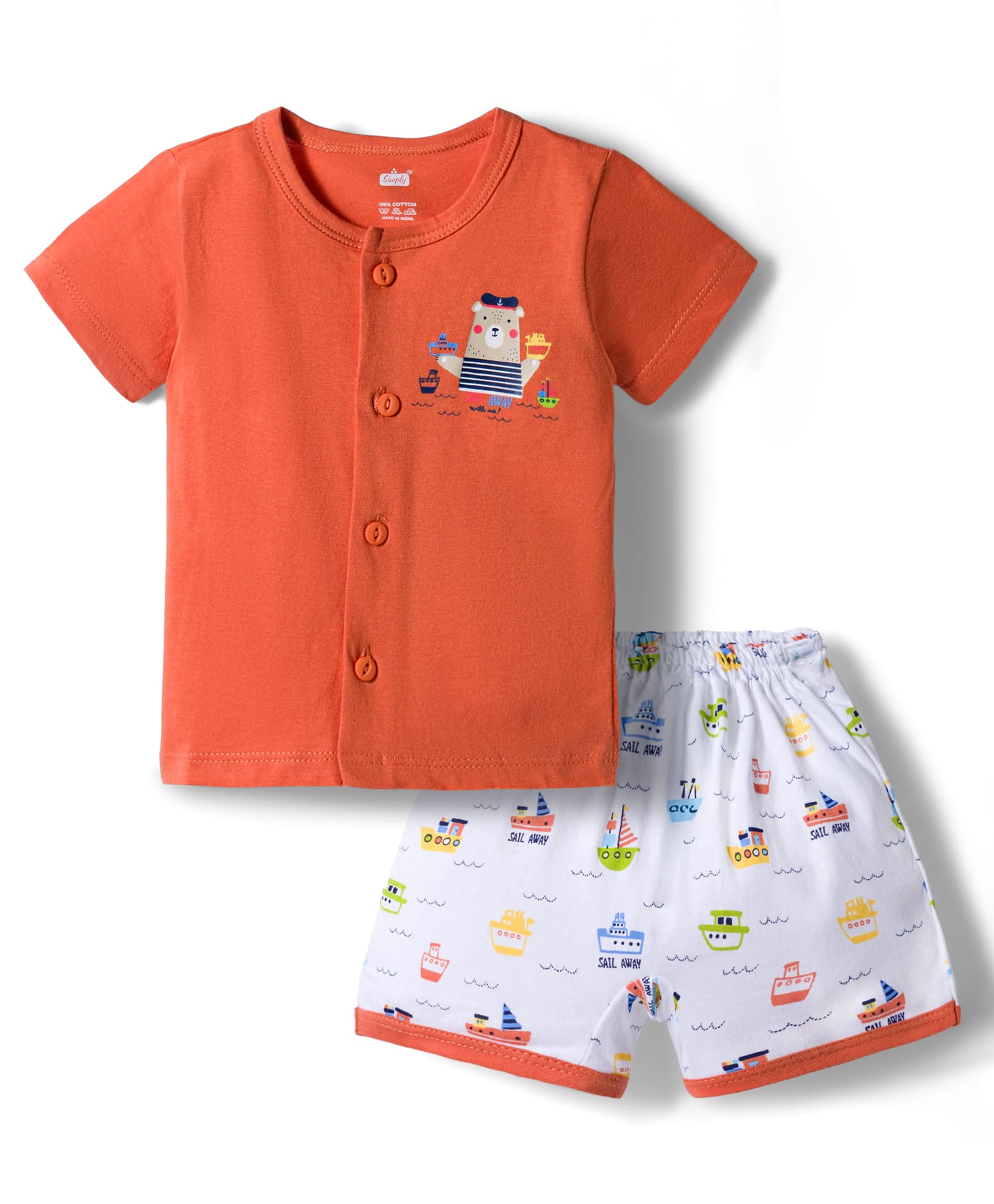 Simply Sinker Knit Half Sleeves Animal & Nautical Theme Printed T-Shirt & Shorts Night Suit - Orange-image-21