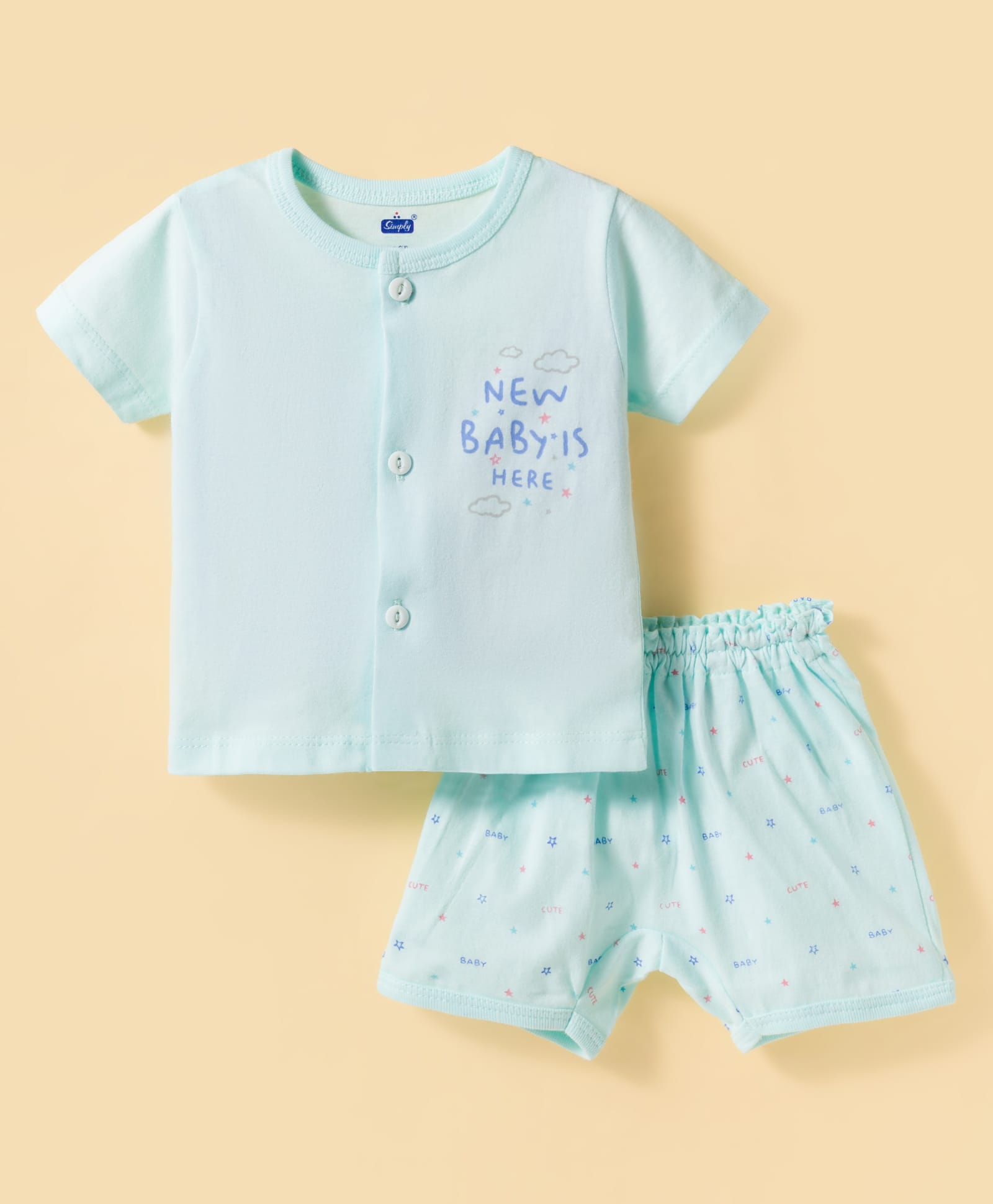 Simply Sinker Knit Half Sleeves T-Shirt & Shorts Night Suit with Star & Text Print - Aqua Blue-image-36