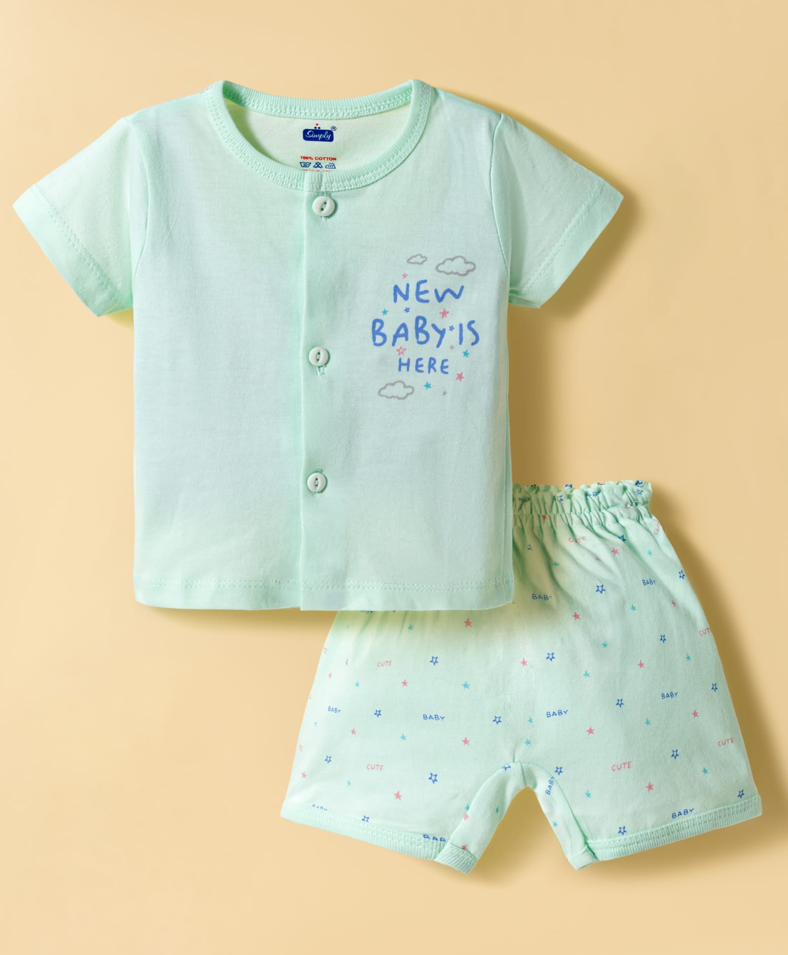 Simply Sinker Knit Half Sleeves T-Shirt & Shorts Night Suit with Star & Text Print - Mint-image-41