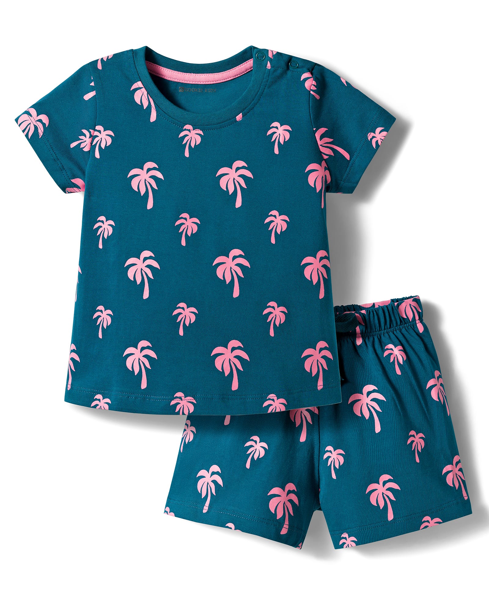 Kookie Kids 100% Cotton Knit Half Sleeves Palm Tree Printed Co-Ord T-Shirt & Shorts Night Suit - Teal Blue-image-16