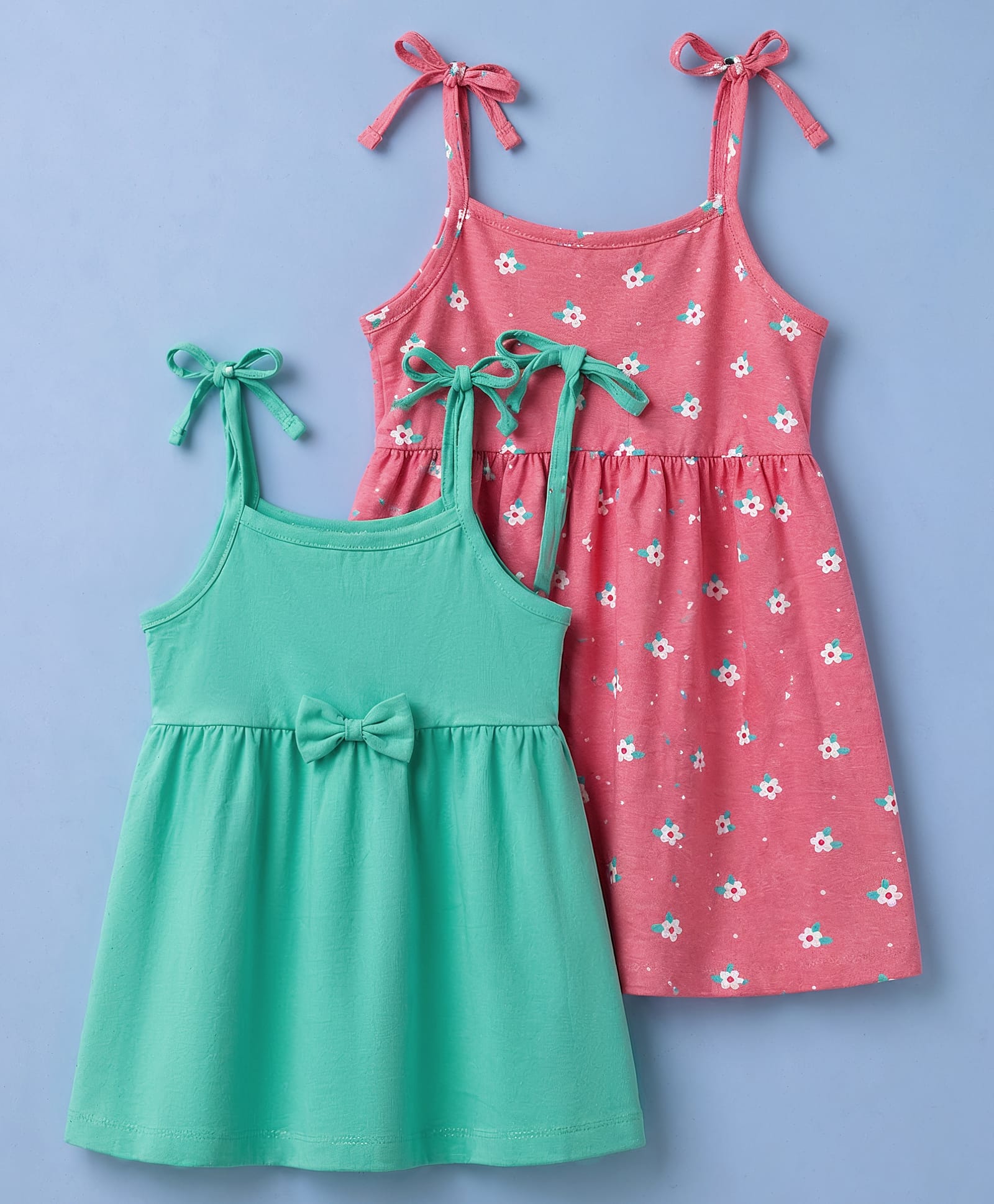 Babyhug Single Jersey Knit Sleeveless Solid & Floral Printed Frocks with Bow Applique Pack of 2 - Multicolor-image-2