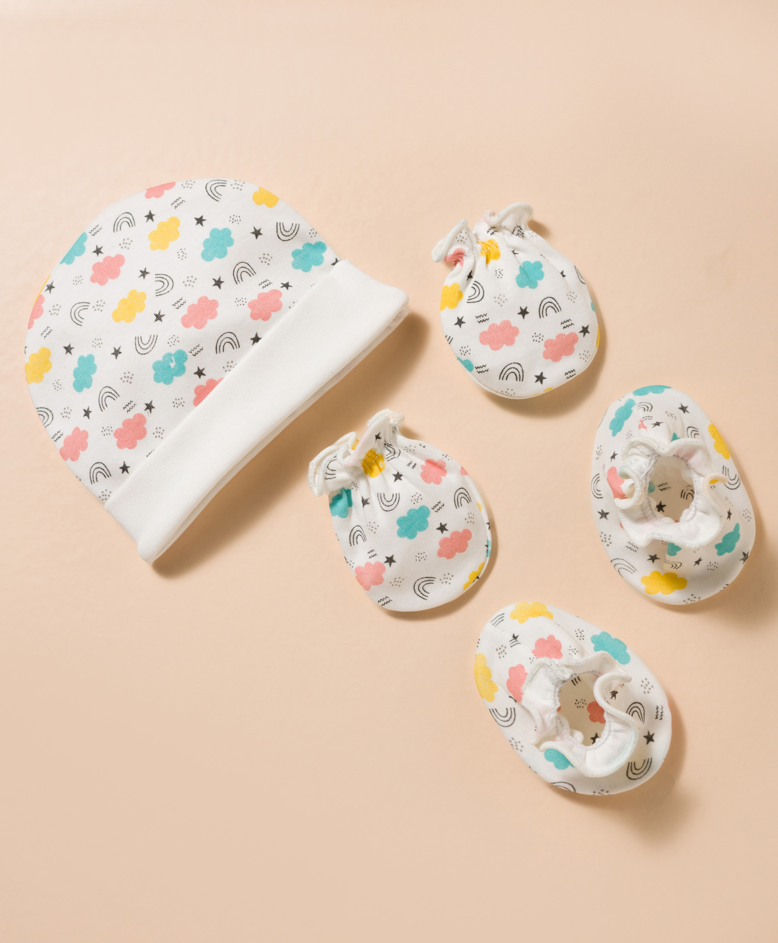 Ben Benny Interlock Knit Cap Mittens & Booties With Rainbow & Cloud Print White - Diameter 10 cm-picture-24