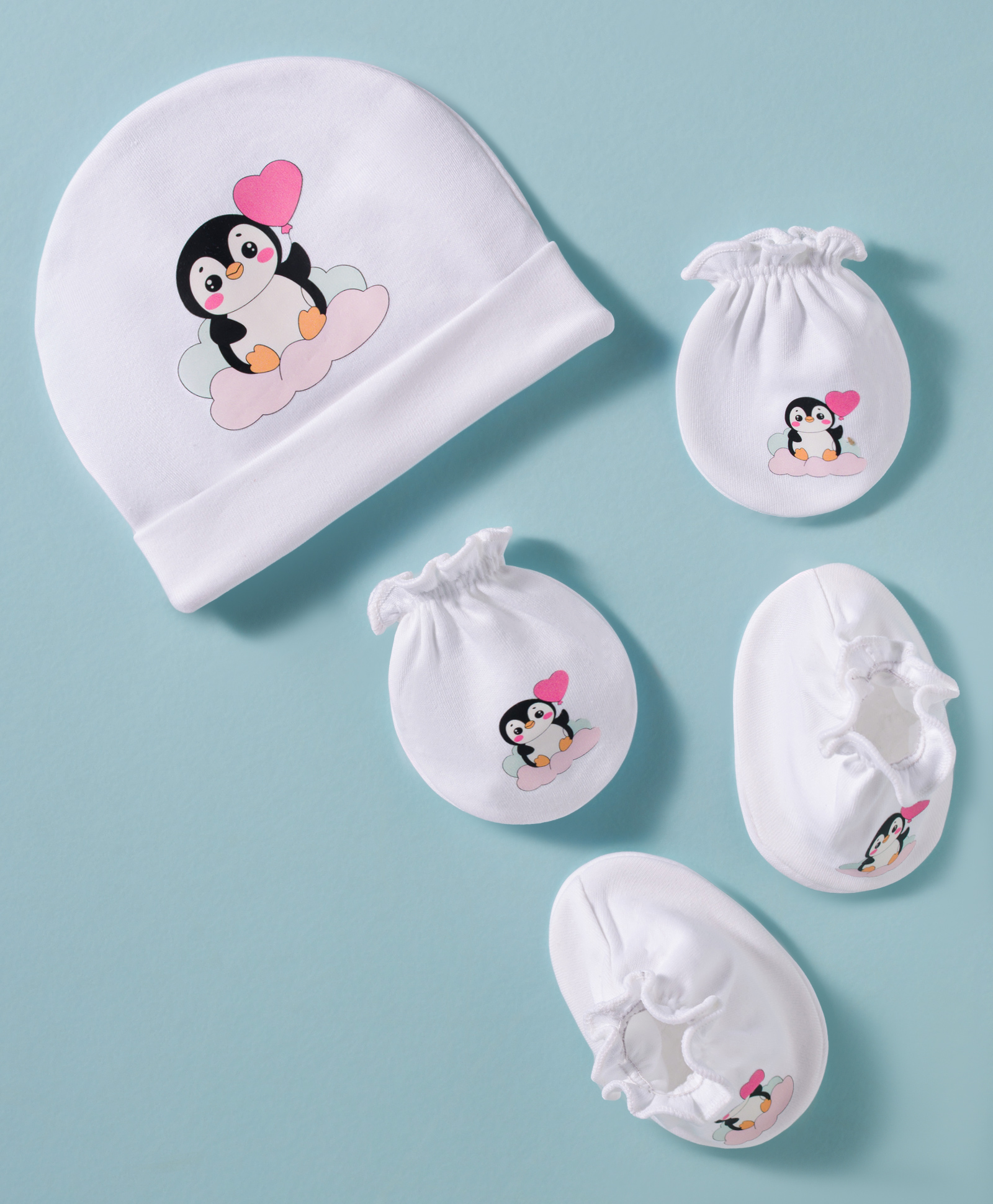 Ben Benny Interlock Knit Cap Mittens & Booties With Penguin Print White - Diameter 10 cm-image-48