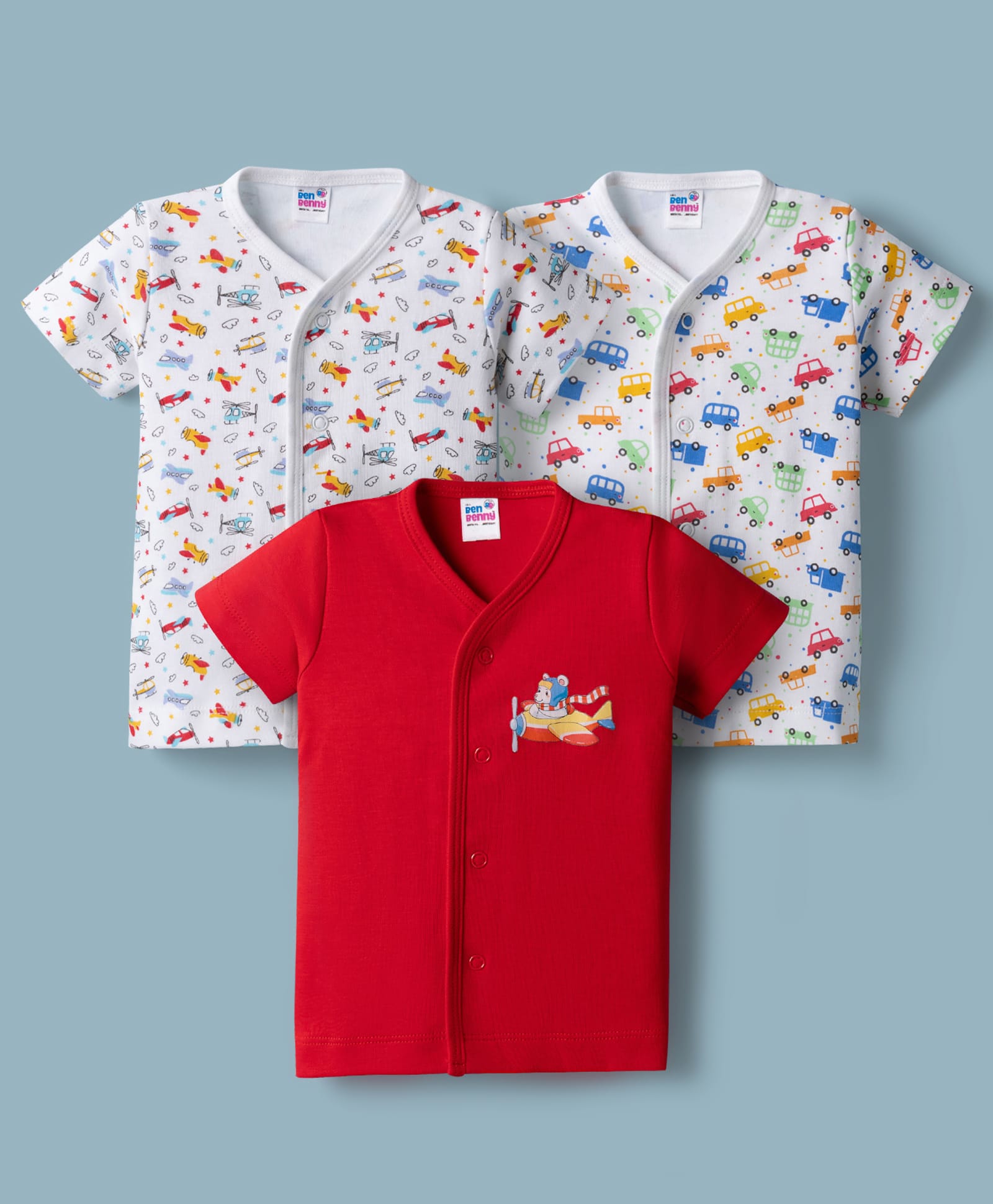 Ben Benny Interlock Knit Half Sleeves Jhablas With Helicopter & Car Print Pack of 3 - Multicolor-image-17