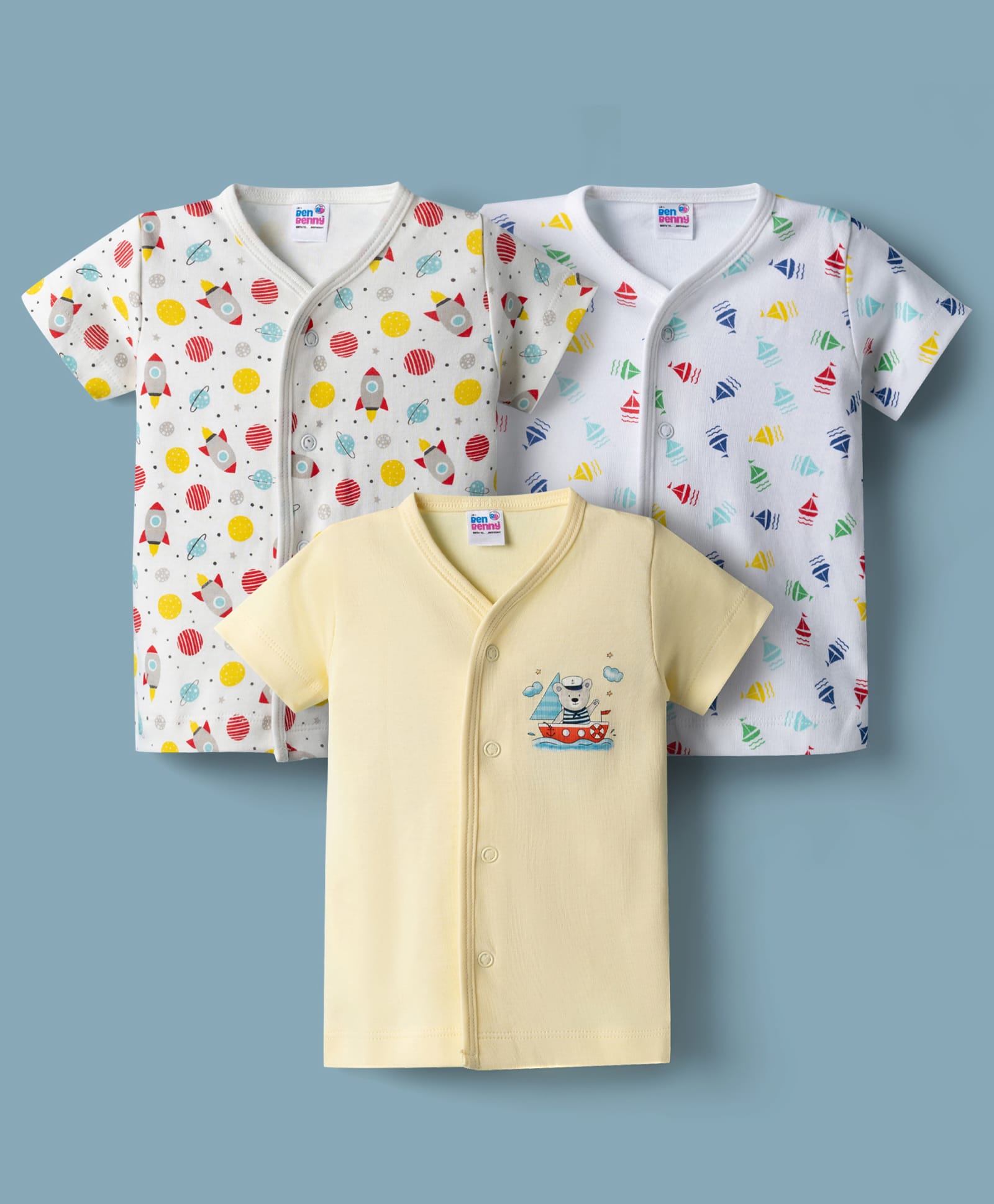 Ben Benny Interlock Knit Half Sleeves Jhablas With Space & Boat Print Pack of 3 - Multicolor-image-5