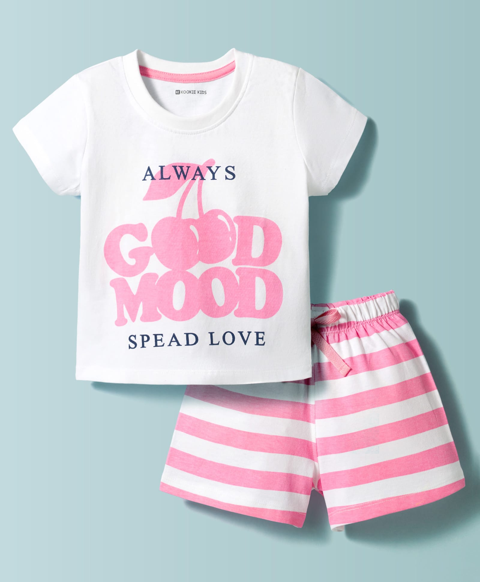 Kookie Kids 100% Cotton Knit Half Sleeves Text Printed & Striped T-Shirt & Shorts Night Suit - Pink & White-image-24