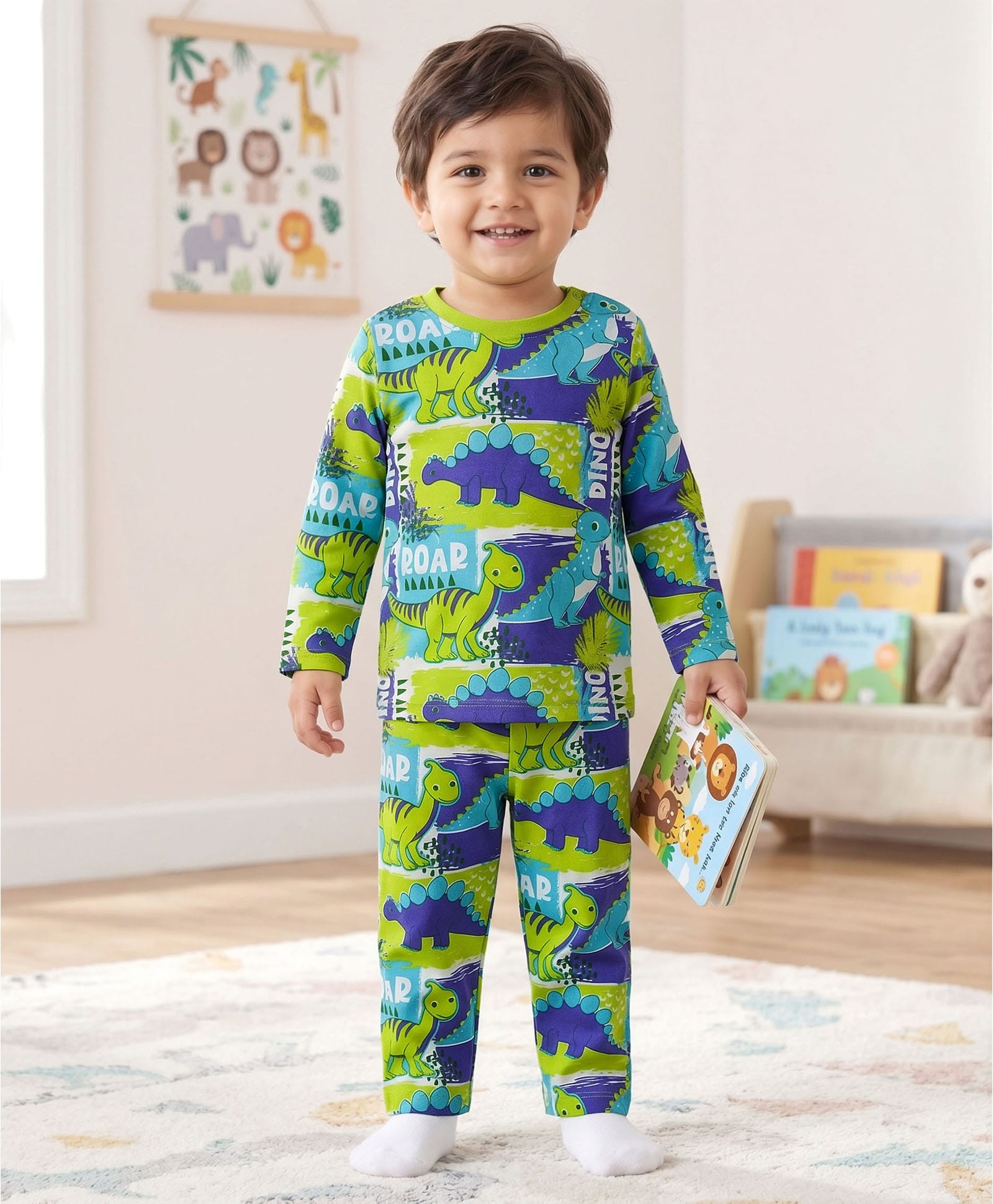 Babyhug Cotton Knit Full Sleeves Dino Printed T-Shirt & Pyjama Co-Ord Night Suit - Green & Navy Blue-image-46