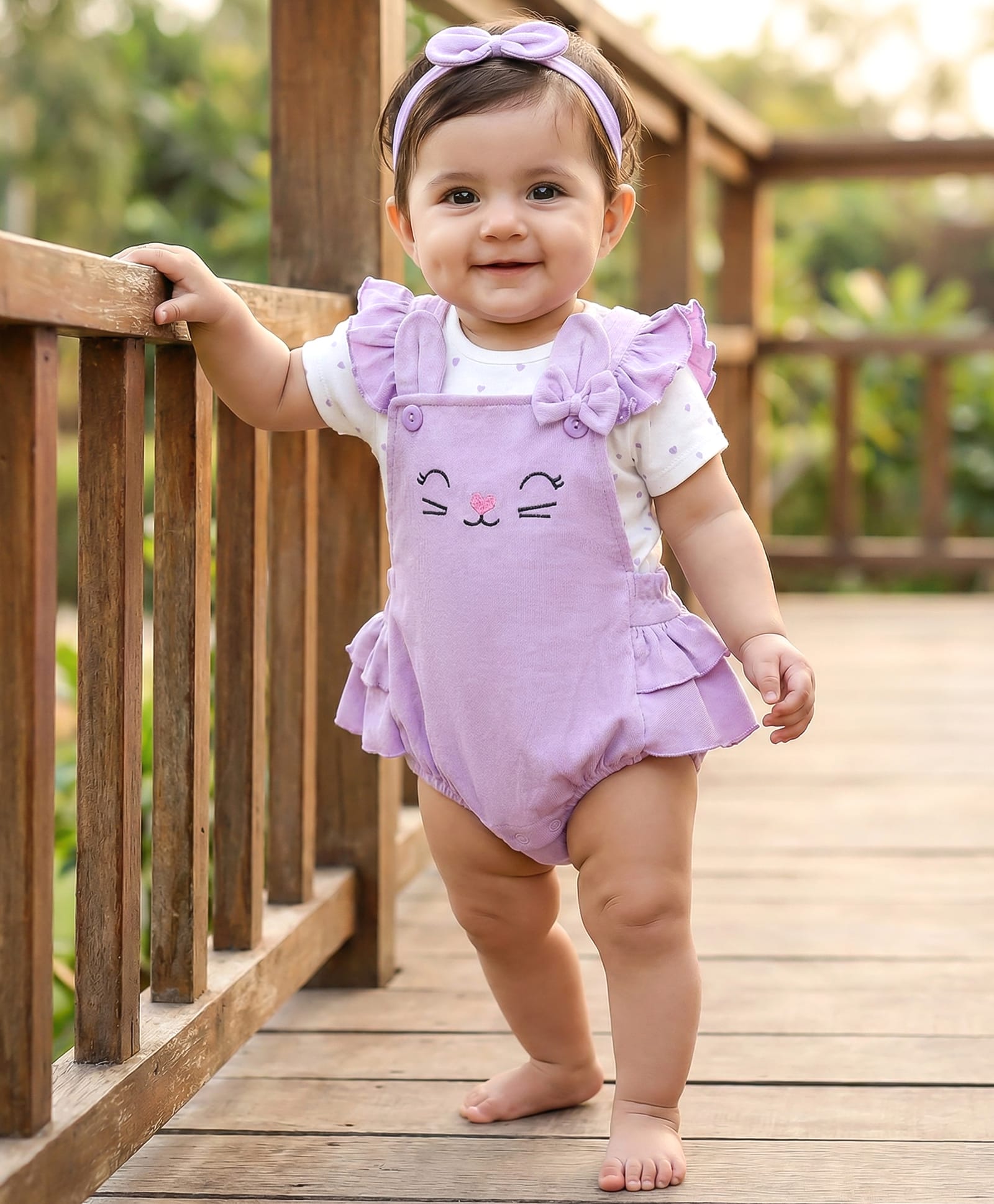 Babyhug 100% Cotton Knit Half Sleeves Heart Printed T-Shirt with Onesie & Hairband - Lilac & White