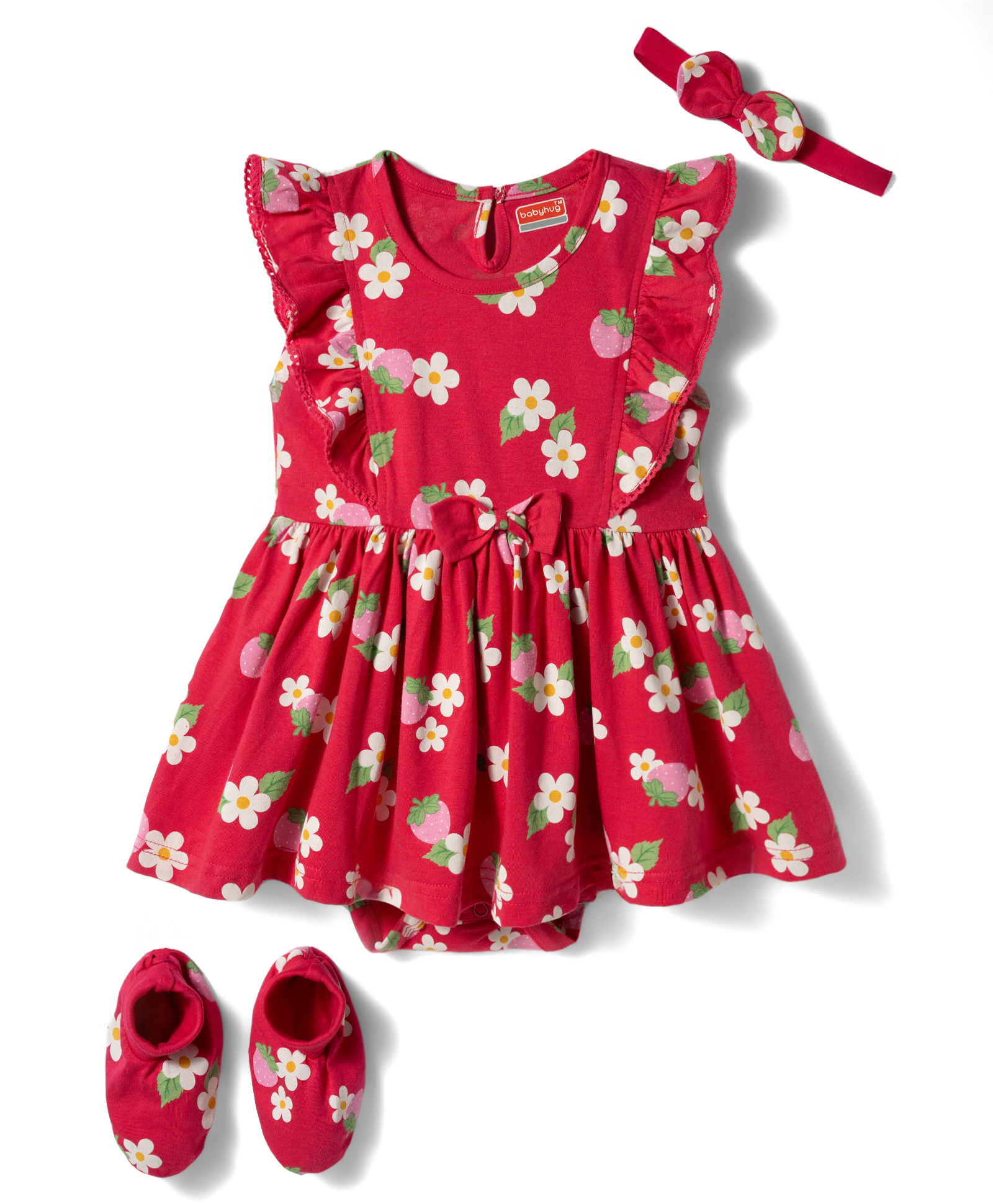 Babyhug 100% Cotton Knit Frill Sleeves Strawberry & Floral Printed Onesies with Headband & Booties - Red-image-49