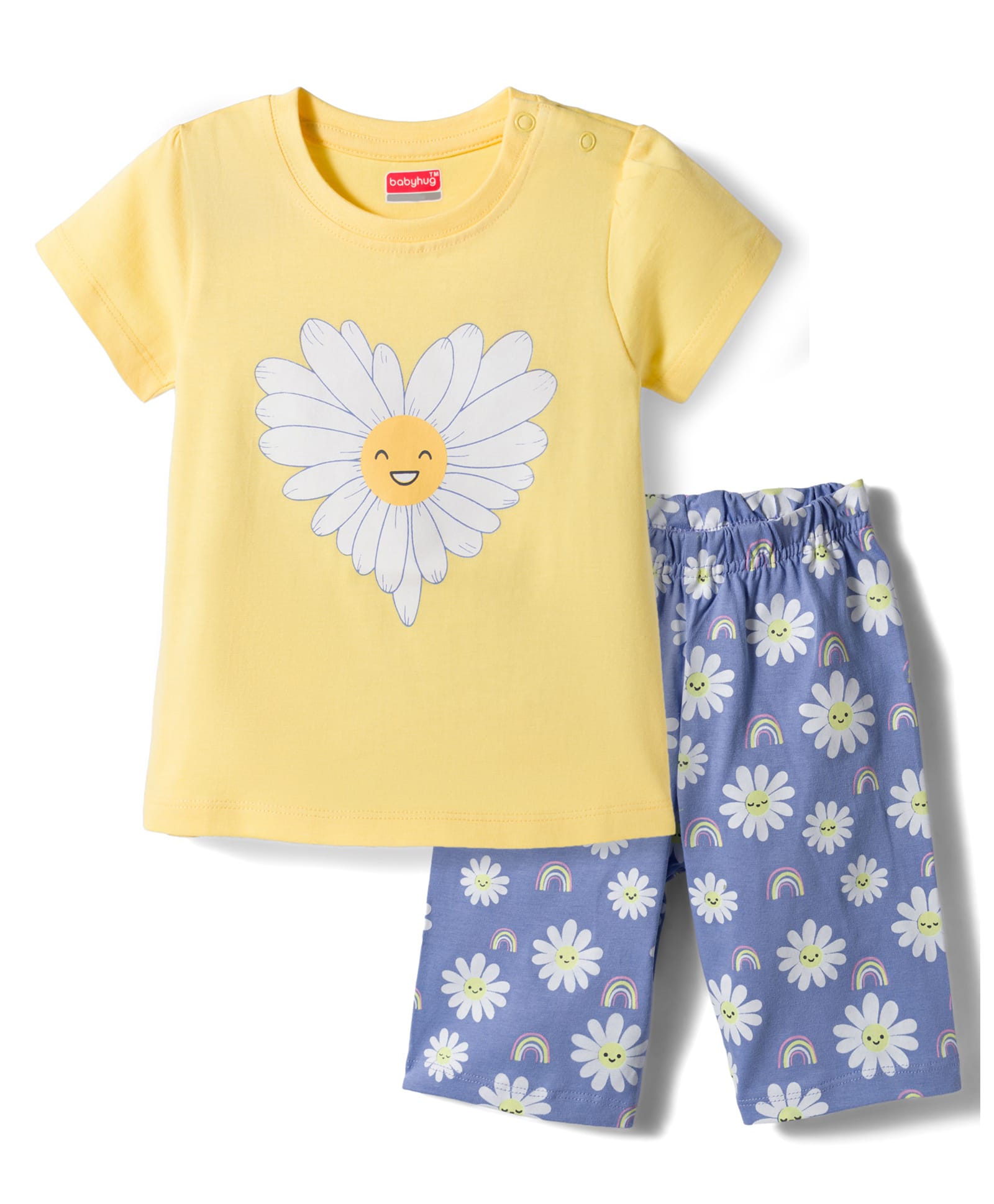 Babyhug Cotton Knit Half Sleeves Floral Printed T-Shirt & Capri Night Suit - Yellow-image-22