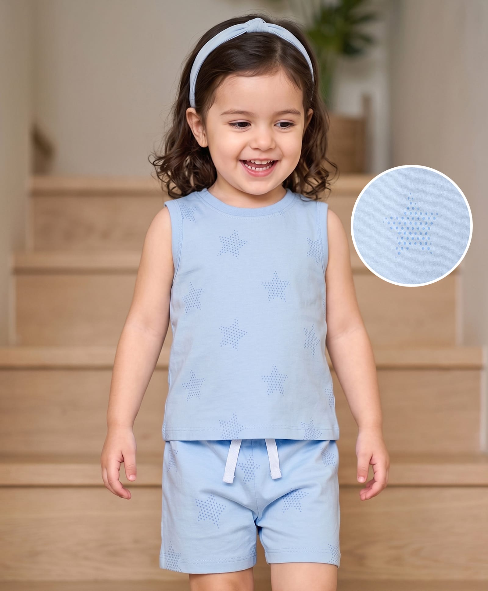 kookie kids india Kookie Kids Single Jersey Knit Sleeveless Star Printed Co-Ord T-Shirt & Shorts Night Suit -Light Blue-picture-35