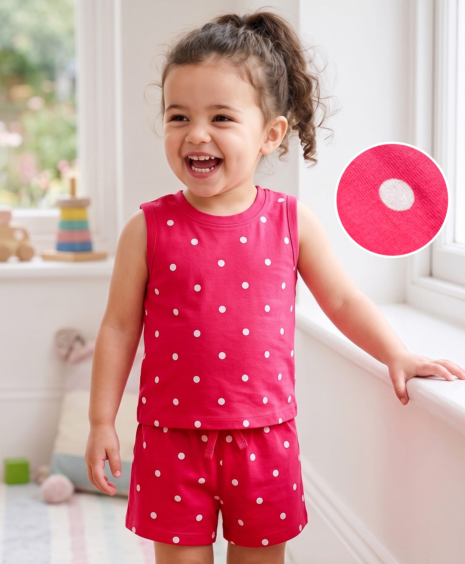 kookie kids india Kookie Kids Single Jersey Knit Sleeveless Polka Dots Printed Co-Ord T-Shirt & Shorts Night Suit -Dark Pink-picture-15
