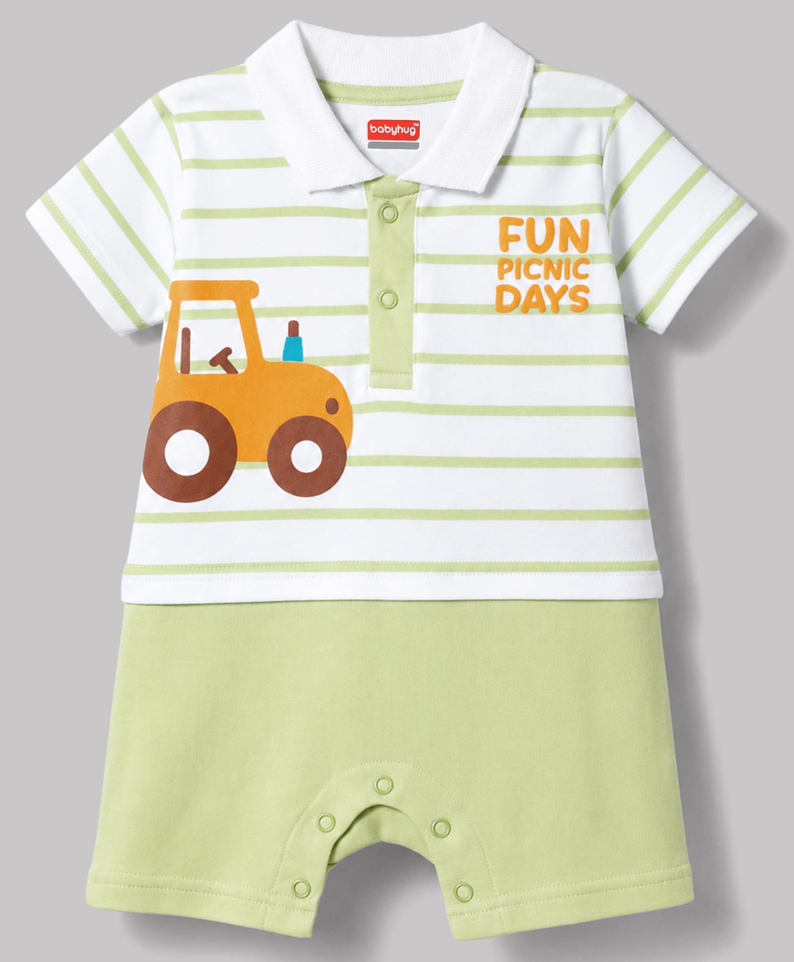 Babyhug 100% Cotton Knit Half Sleeves Striped & Vehicles Printed Romper - Light Green-image-21