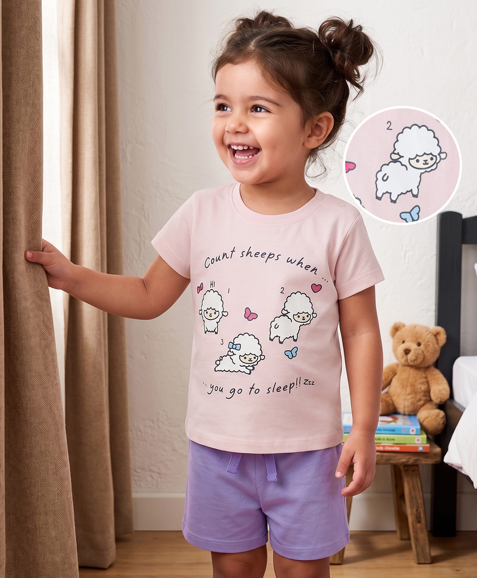 Kookie Kids Single Jersey Knit Half Sleeves Sheep Printed T-Shirt & Shorts Night Suit -Peach & Purple-image-27