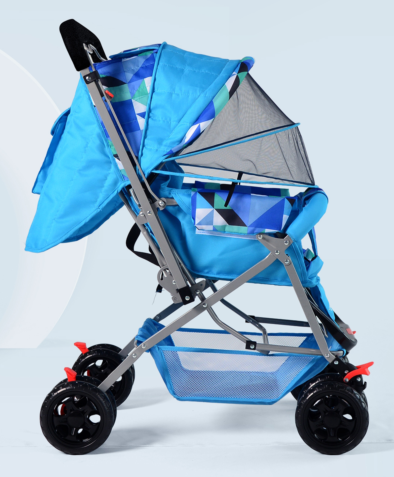 Angels & Mice Wonder Cruise Stroller, Reversible Handle, Mosquito Net, 5 Point Safety Harness, Adjustable backrest, 360° Swivel Wheel, Large Storage Basket, Back storage pocket , Aqua Mosaic-picture-21