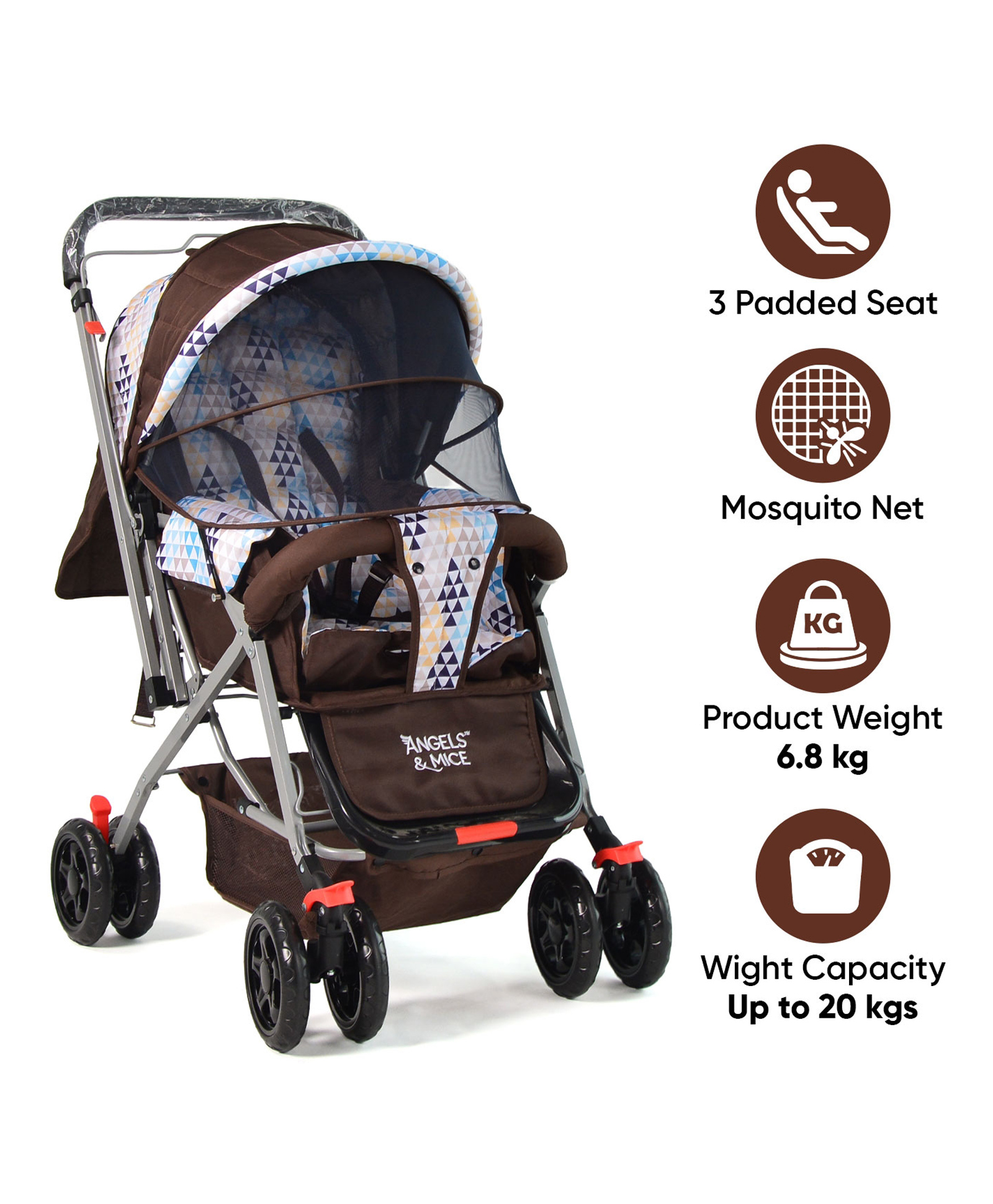 Angels & Mice Wonder Cruise Stroller, Reversible Handle, Mosquito Net, 5 Point Safety Harness, Adjustable backrest, 360° Swivel Wheel, Large Storage Basket, Back storage pocket, Choco Geo-picture-23