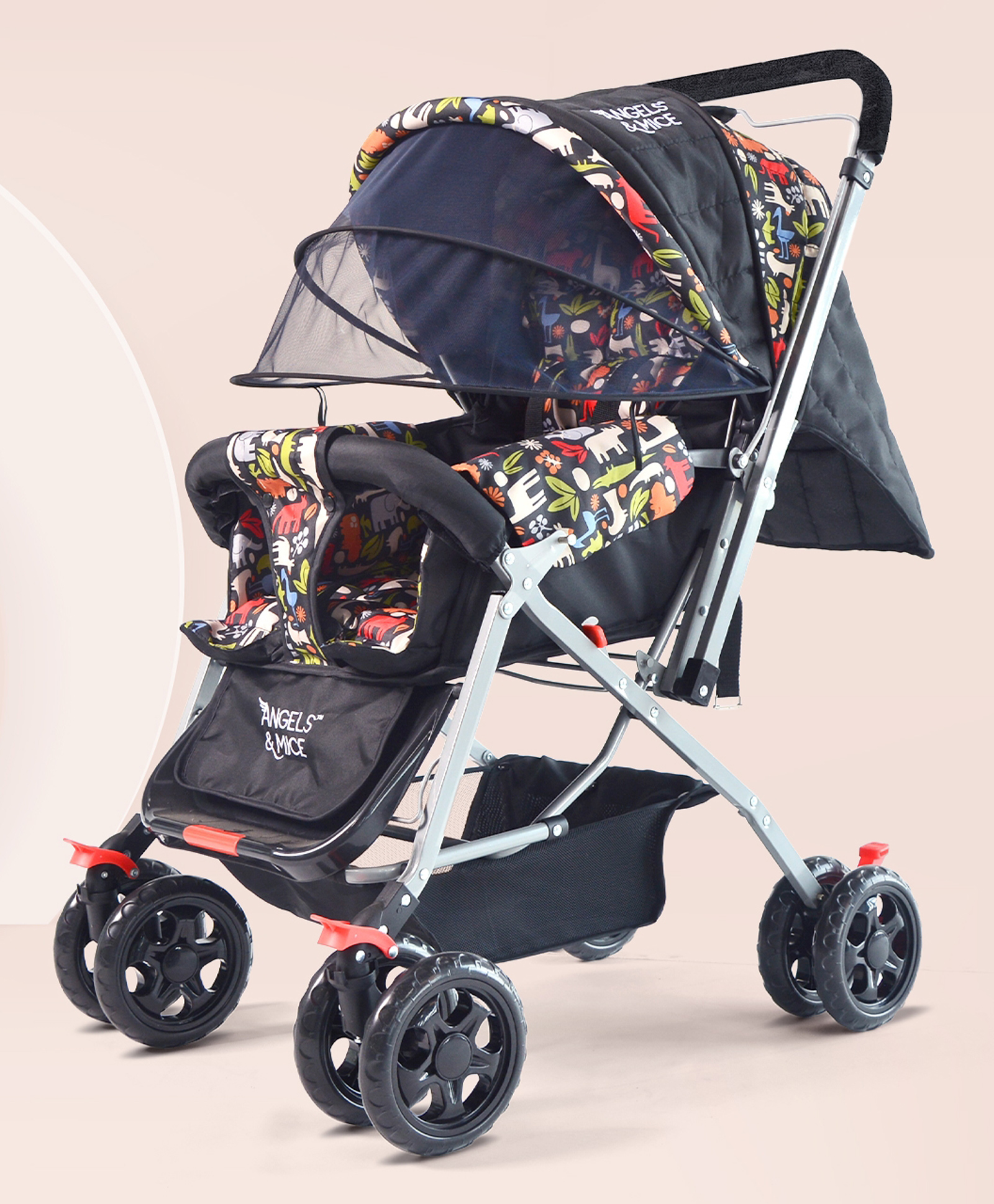 Angels & Mice Wonder Cruise Stroller, Reversible Handle, Mosquito Net, 5 Point Safety Harness, Adjustable backrest, 360° Swivel Wheel, Large Storage Basket, Back storage pocket, Jungle Joy-picture-13