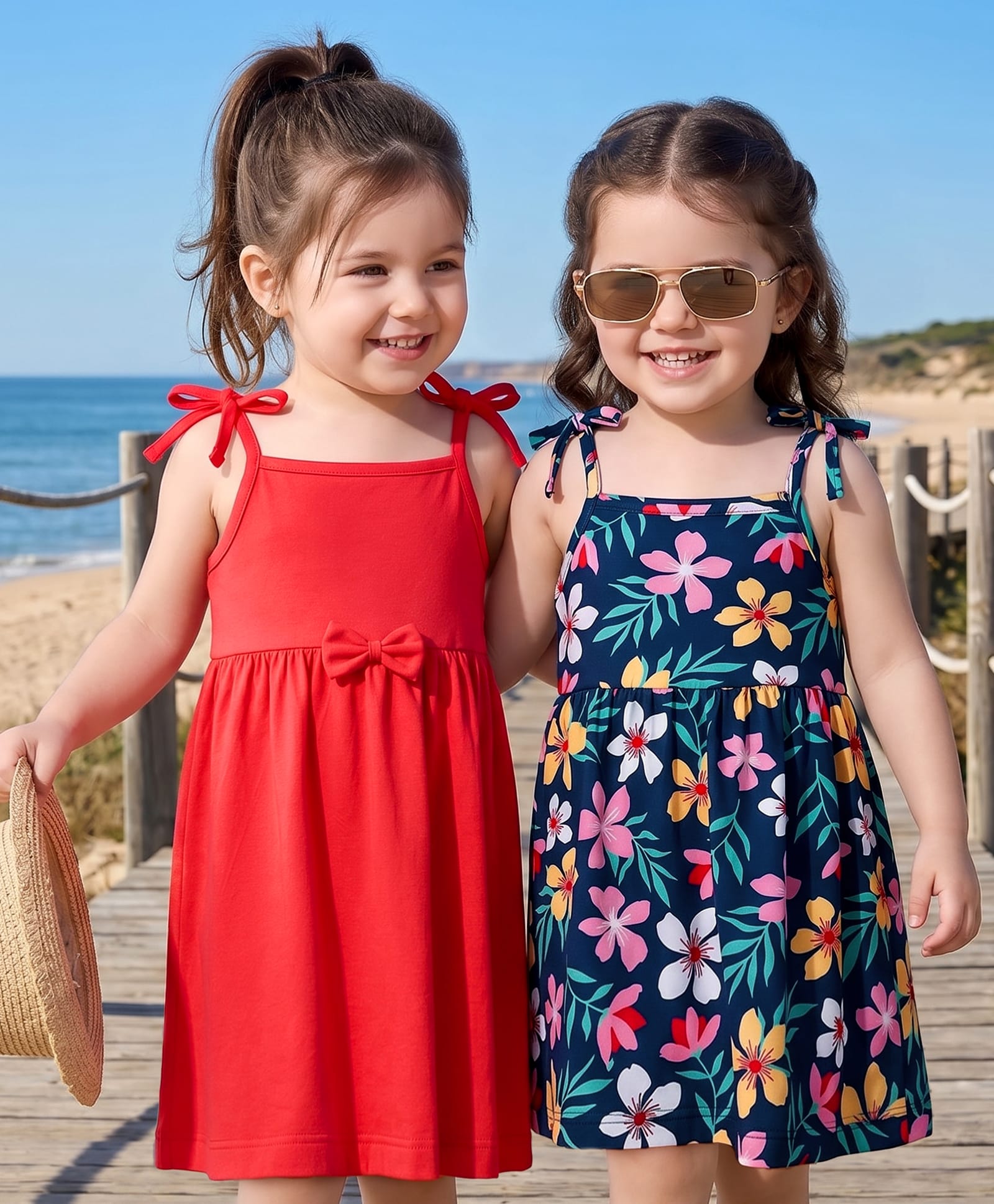 Babyhug Cotton Knit One Piece Dresses with Sleeveless Styling & Floral Print Pack Of 2 - Red & Navy Blue-image-20