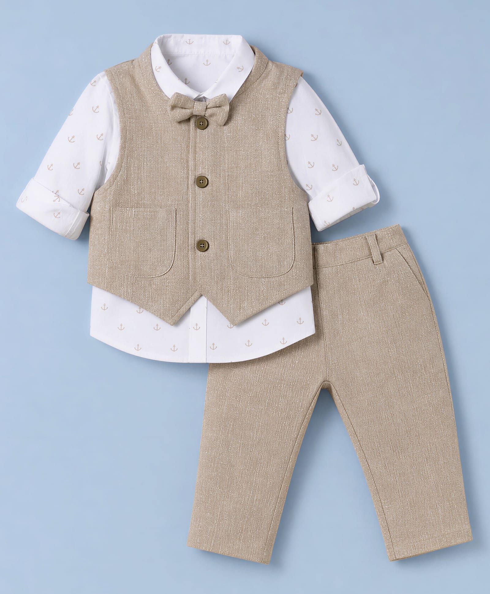 ToffyHouse Poplin Woven Full Sleeves 3 Piece Party Suit with Attached Bow & Nautical Print - Tan-picture-22