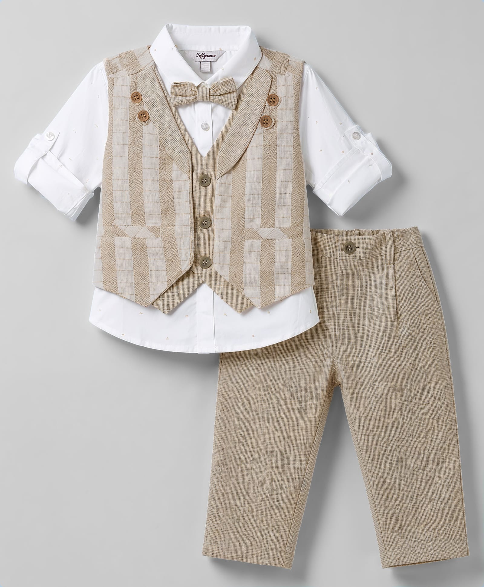 ToffyHouse Poplin Woven Full Sleeves Checked Three Piece Party Suit With Bow - Tan-image-2