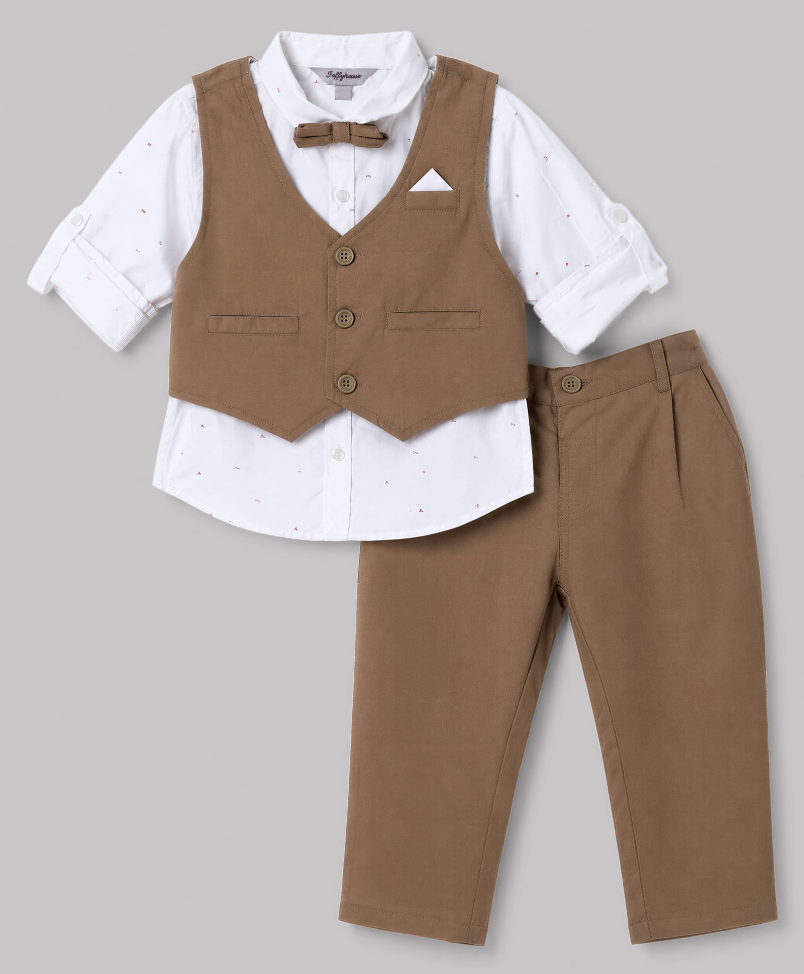 ToffyHouse Poplin Woven Full Sleeves Solid Colour 3 Piece Party Suit With Bow- Light Brown-image-49
