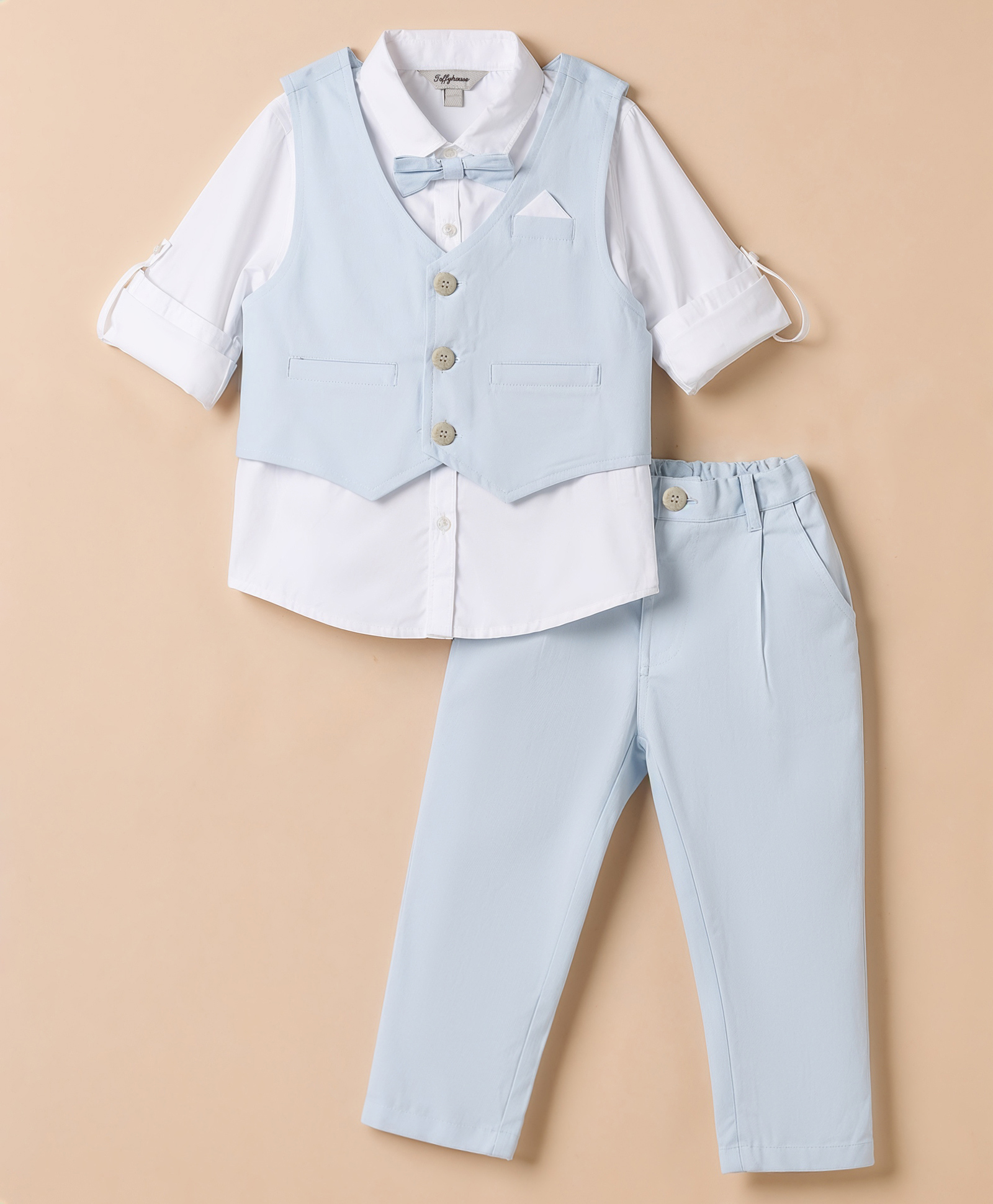 ToffyHouse Poplin Woven Full Sleeves Solid Three Piece Party Suit With Bow - Light Blue-image-29