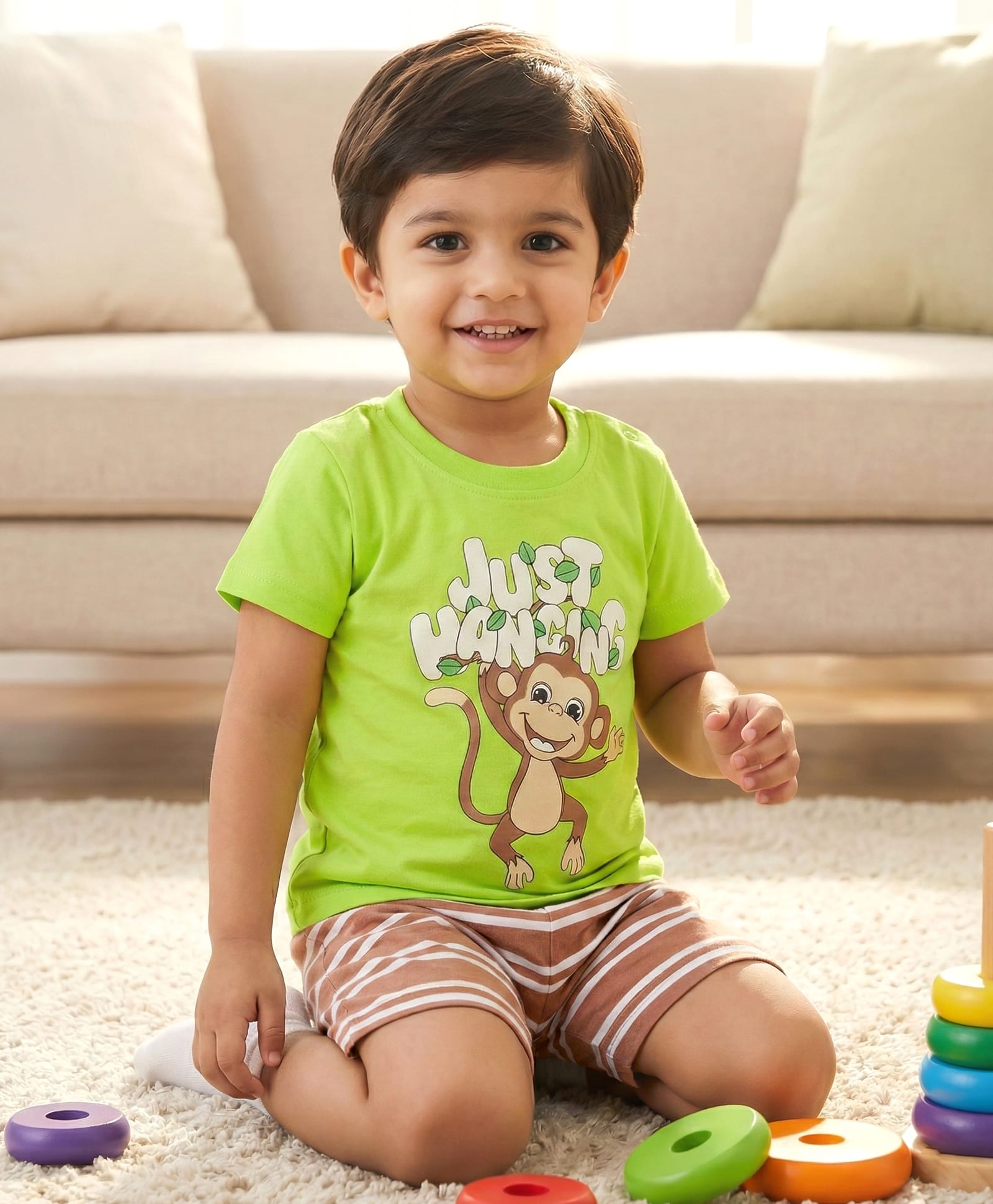 Babyhug Cotton Knit Half Sleeves T-Shirt & Shorts Night Suit with Monkey Print & Stripes - Green