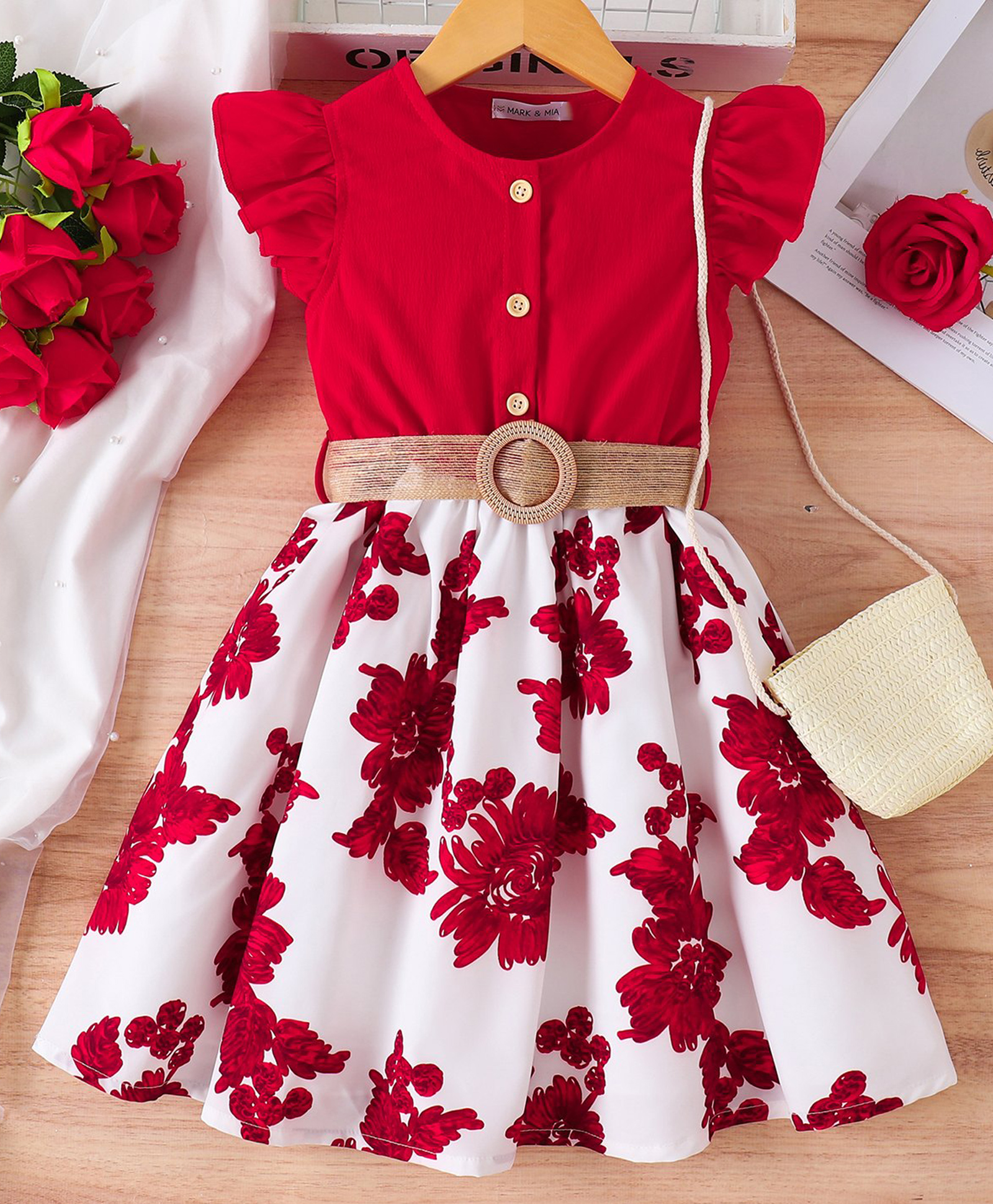Mark & Mia Frill Sleeves Floral Printed Fit & Flared Party Dress - Red-image-6