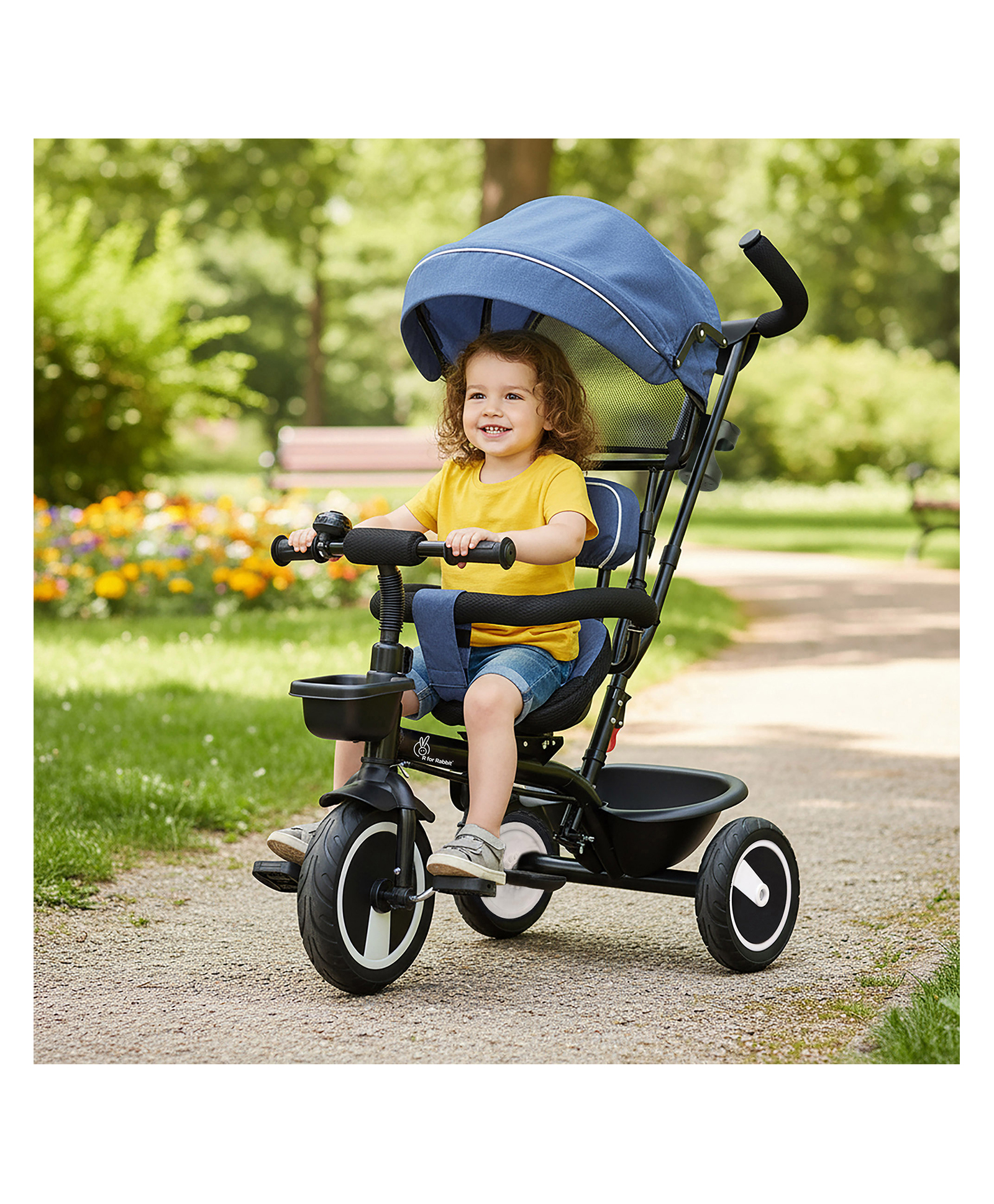 R for Rabbit Tiny Toes R40 Plus Tricycle For Kids With 360° Rotatable Seat, Parental Control Handle, Canopy, Rubber Wheels & Storage Basket - Denim Blue
