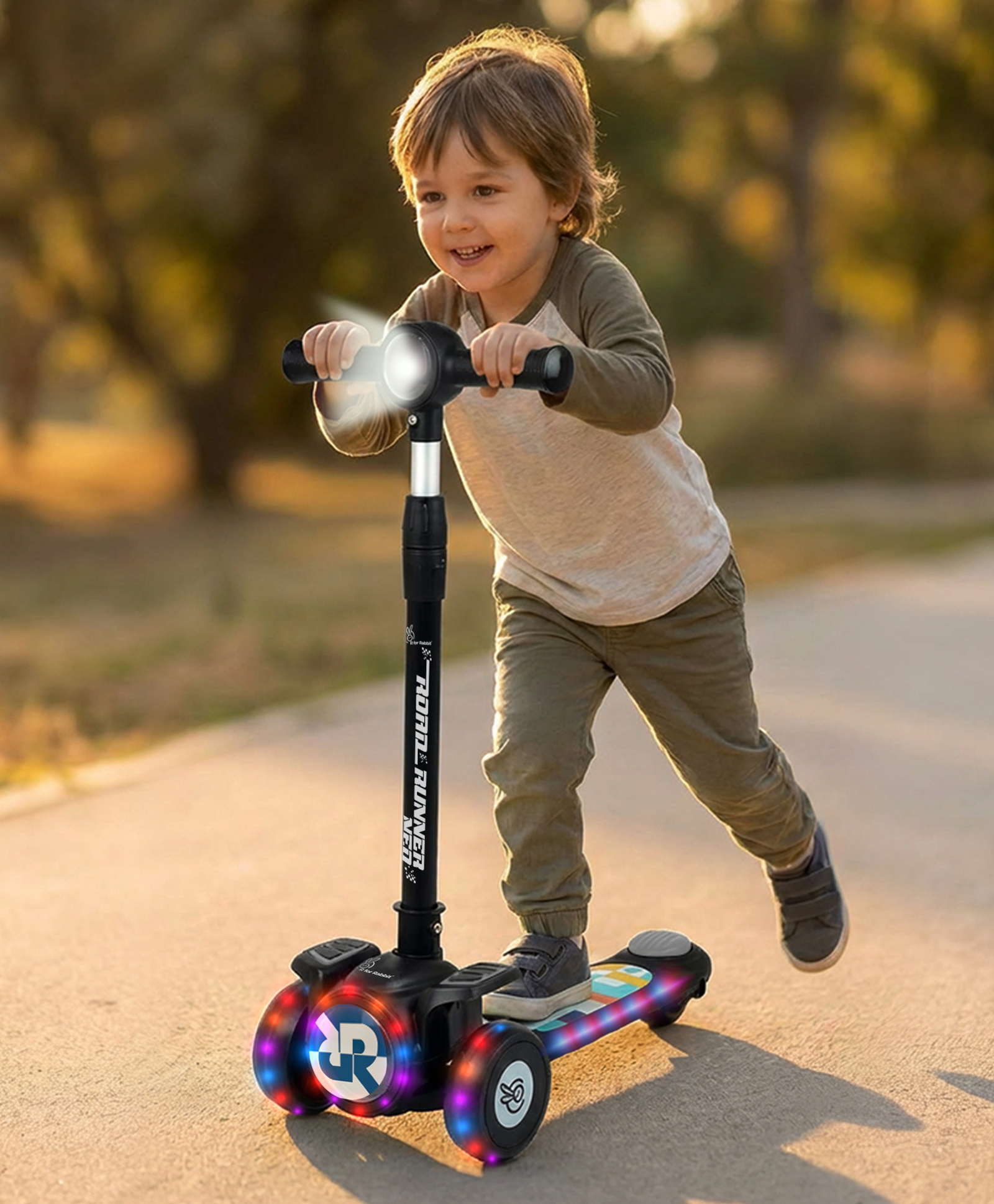R for Rabbit Road Runner Neo Kick Scooter for Kids with Lights & Music, Gravity Steering 4-Level Adjustable Height, LED PU Wheels - Black-picture-25