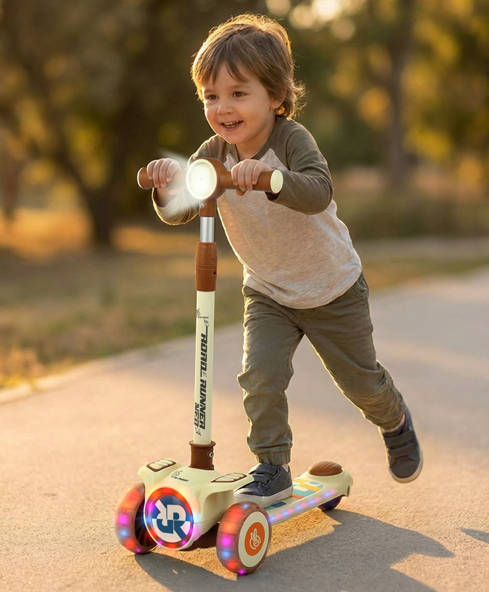 R for Rabbit Road Runner Neo Kick Scooter for Kids with Lights & Music, Gravity Steering 4-Level Adjustable Height, LED PU Wheels - Cream Brown-picture-24