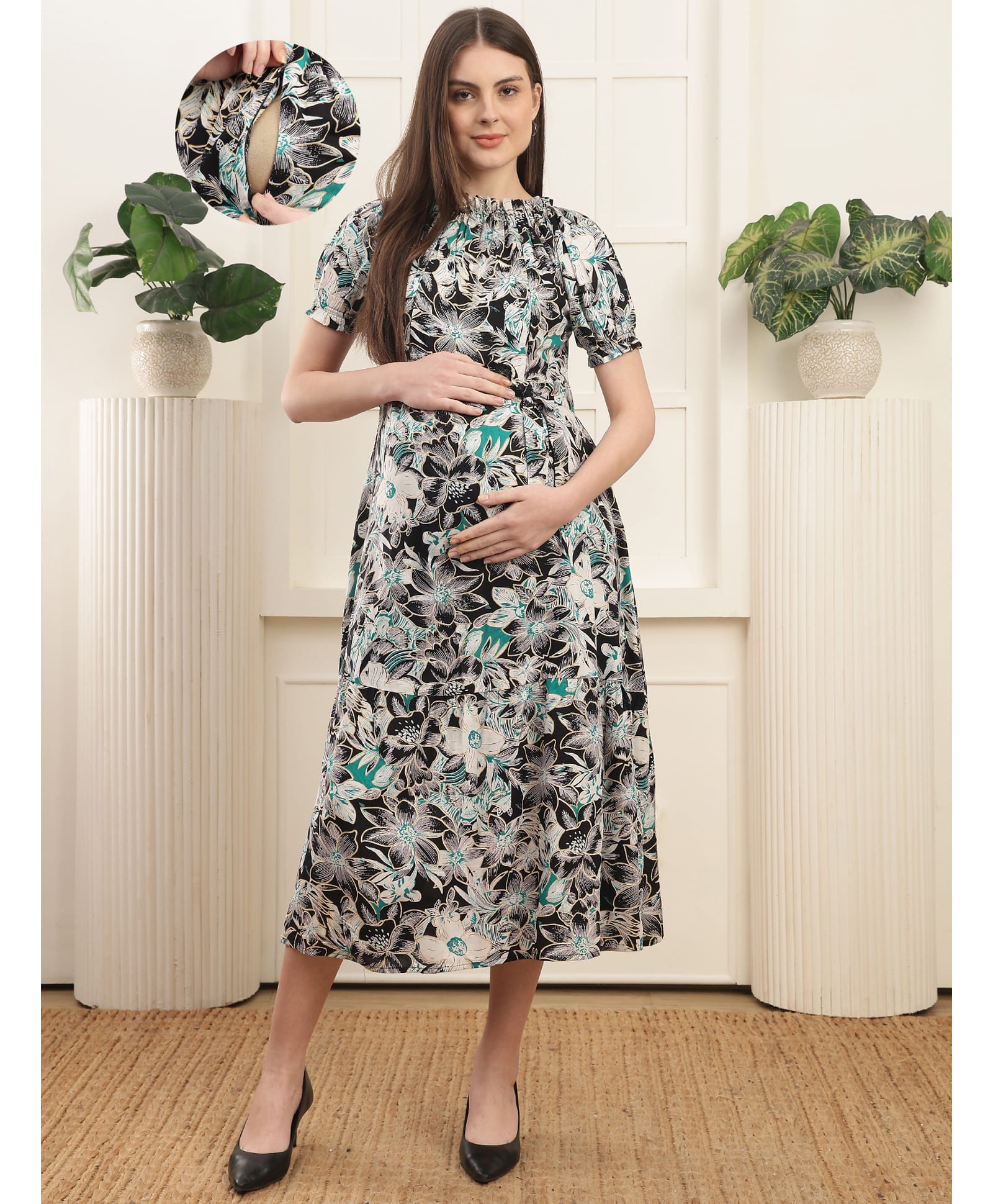 COLOR STUDIO Rayon Woven Half Sleevess Floral Printed Maternity Maxi Dress With Side Zippers Nursing Access - Green-image-4