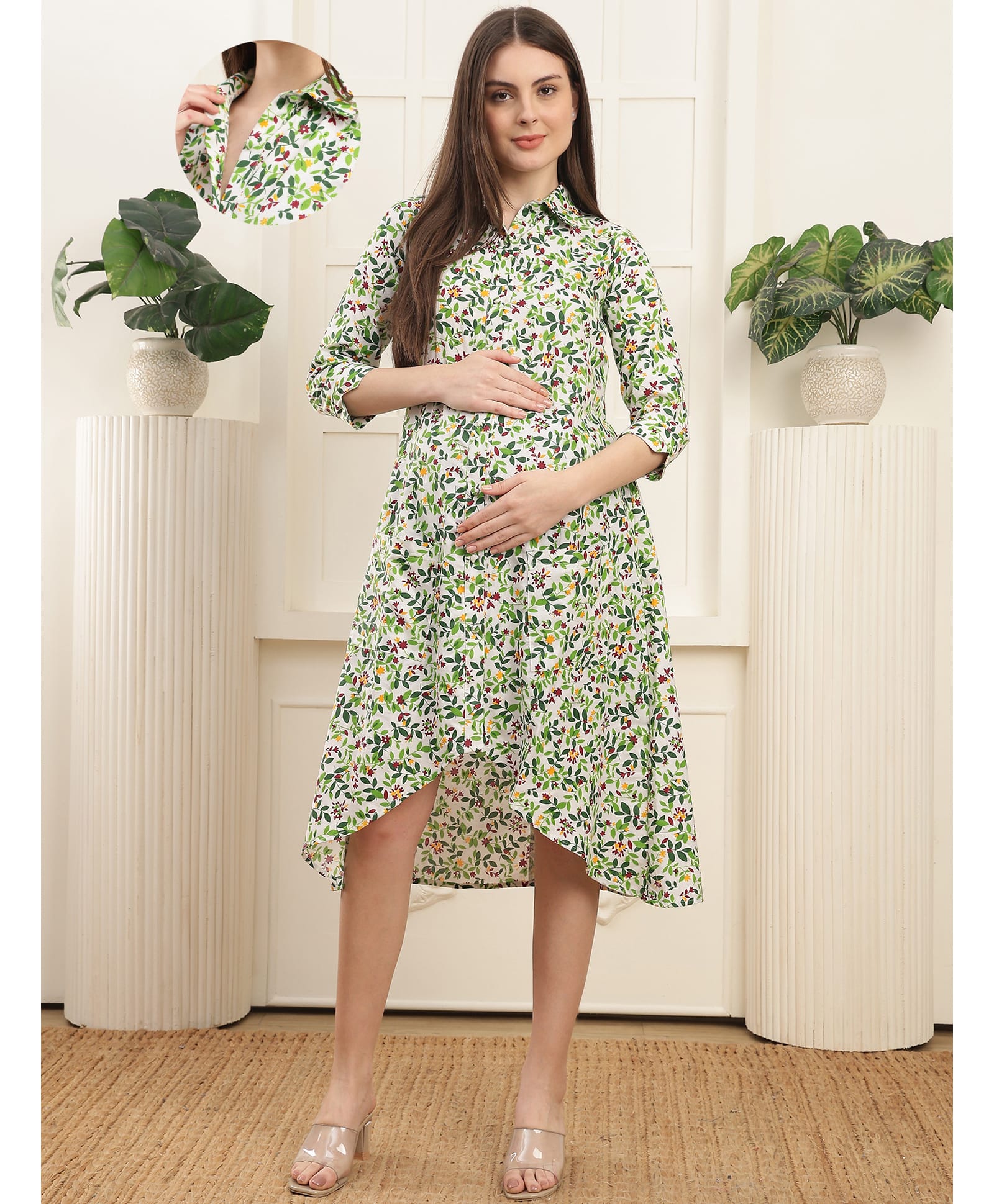 COLOR STUDIO Cotton Woven Three Fourth Sleeves Floral Printed Maternity Dress With Front Open Nursing Access - Green-image-10