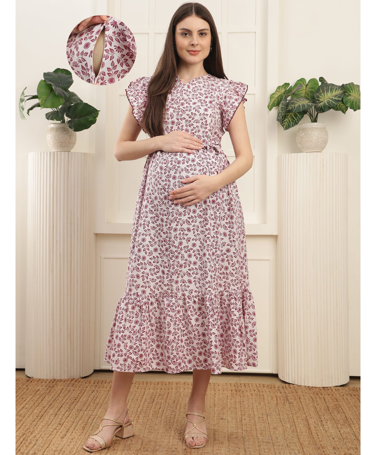 COLOR STUDIO Cotton Woven Frill Sleeves Floral Printed Maternity Dress With Side Zippers Nursing Access - Maroon-image-11