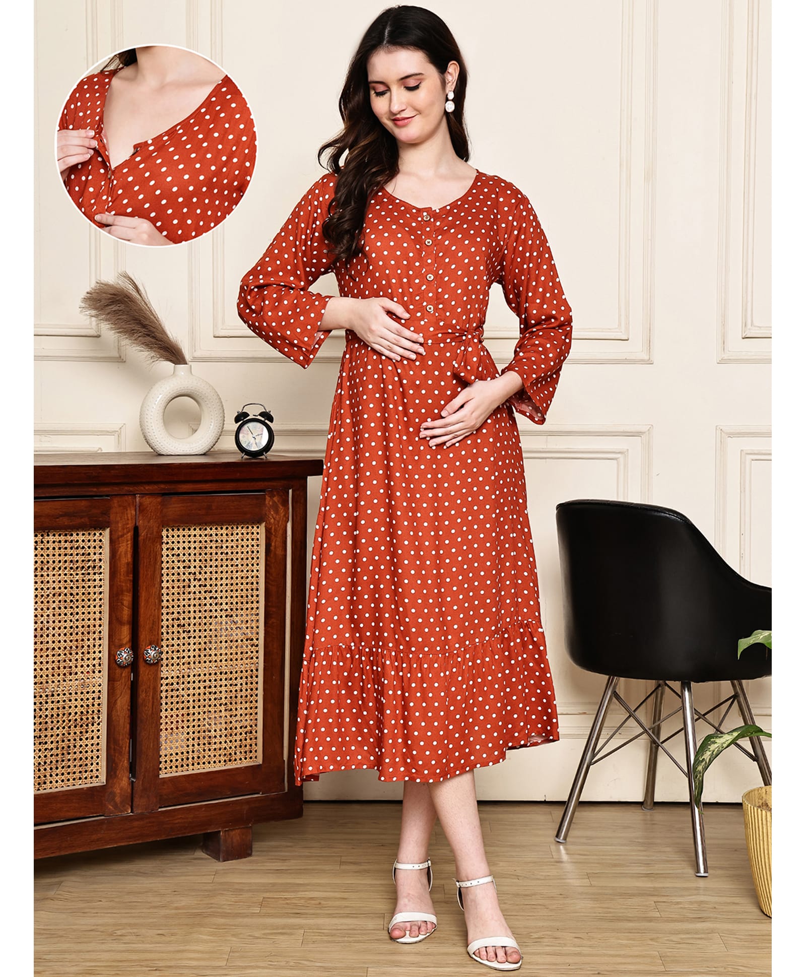 COLOR STUDIO Rayon Woven Three Fourth Sleeves Polka Dot Printed Maternity Maxi Dress With Front Open Nursing Access - Rust Orange-image-8