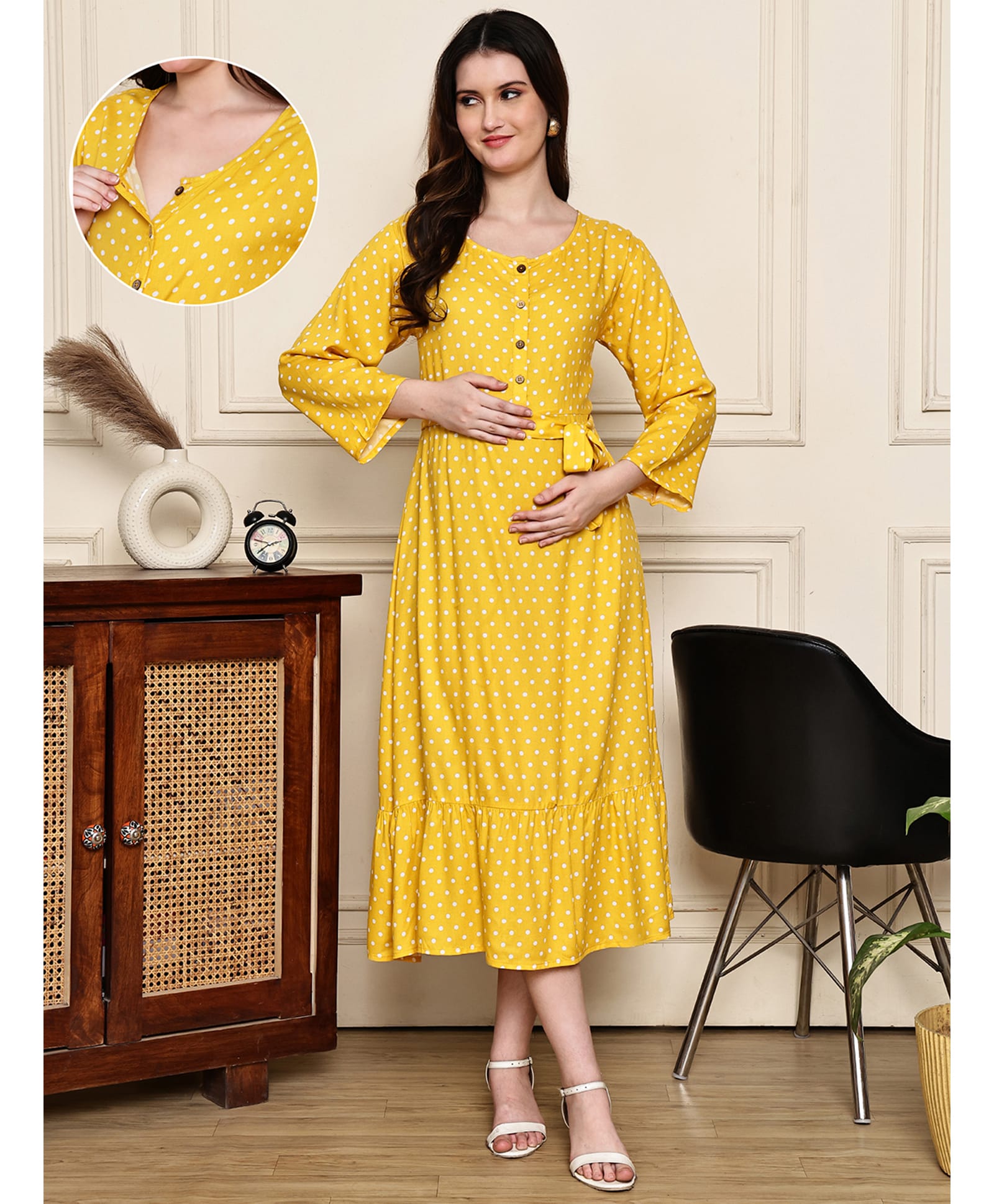 COLOR STUDIO Rayon Woven Three Fourth Sleeves Polka Dot Printed Maternity Maxi Dress With Front Open Nursing Access - Mustard-image-5