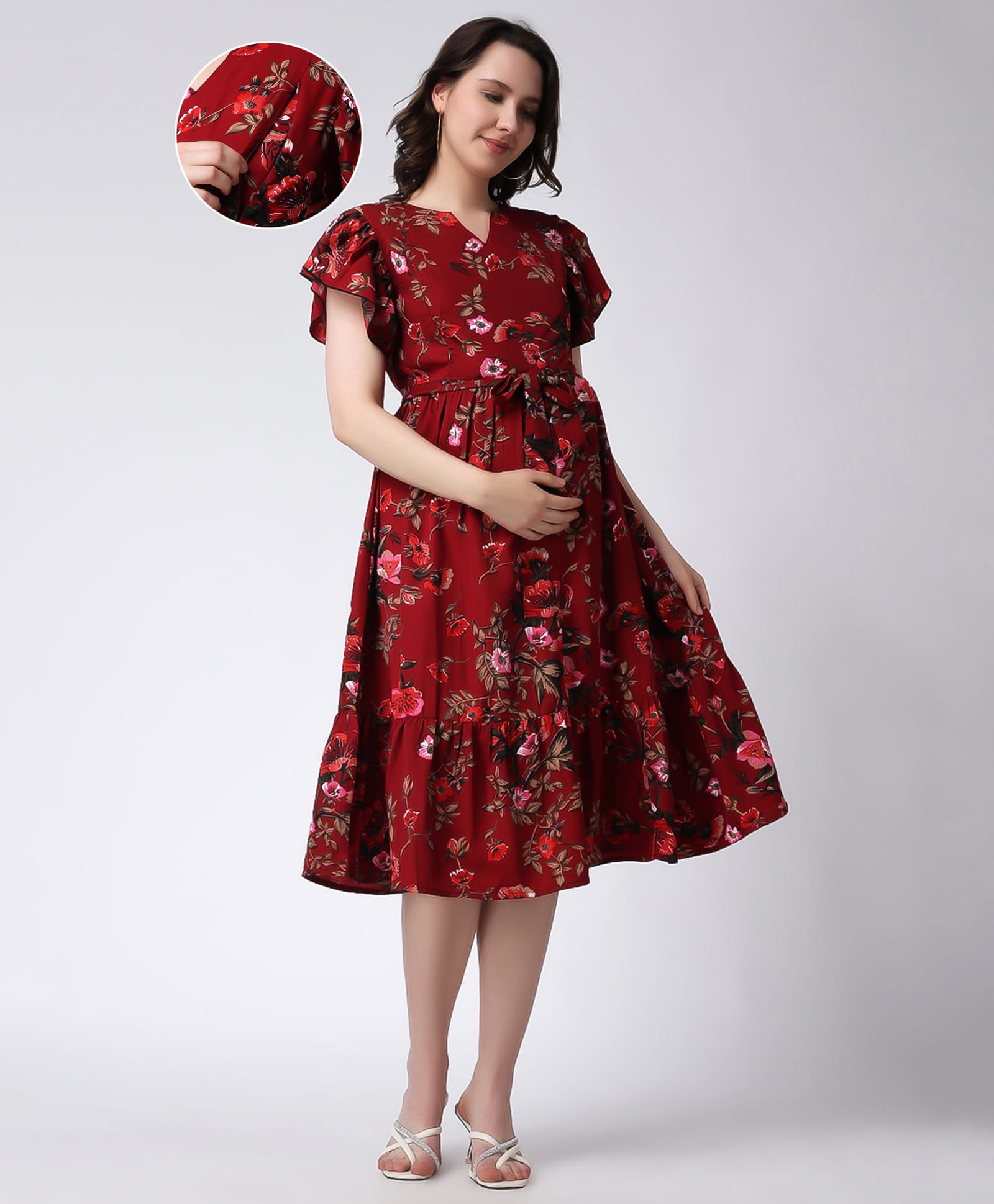 COLOR STUDIO Woven Half Flutter Sleeves Floral Printed Maternity Dress With Side Zipper Nursing Access - Maroon-image-38