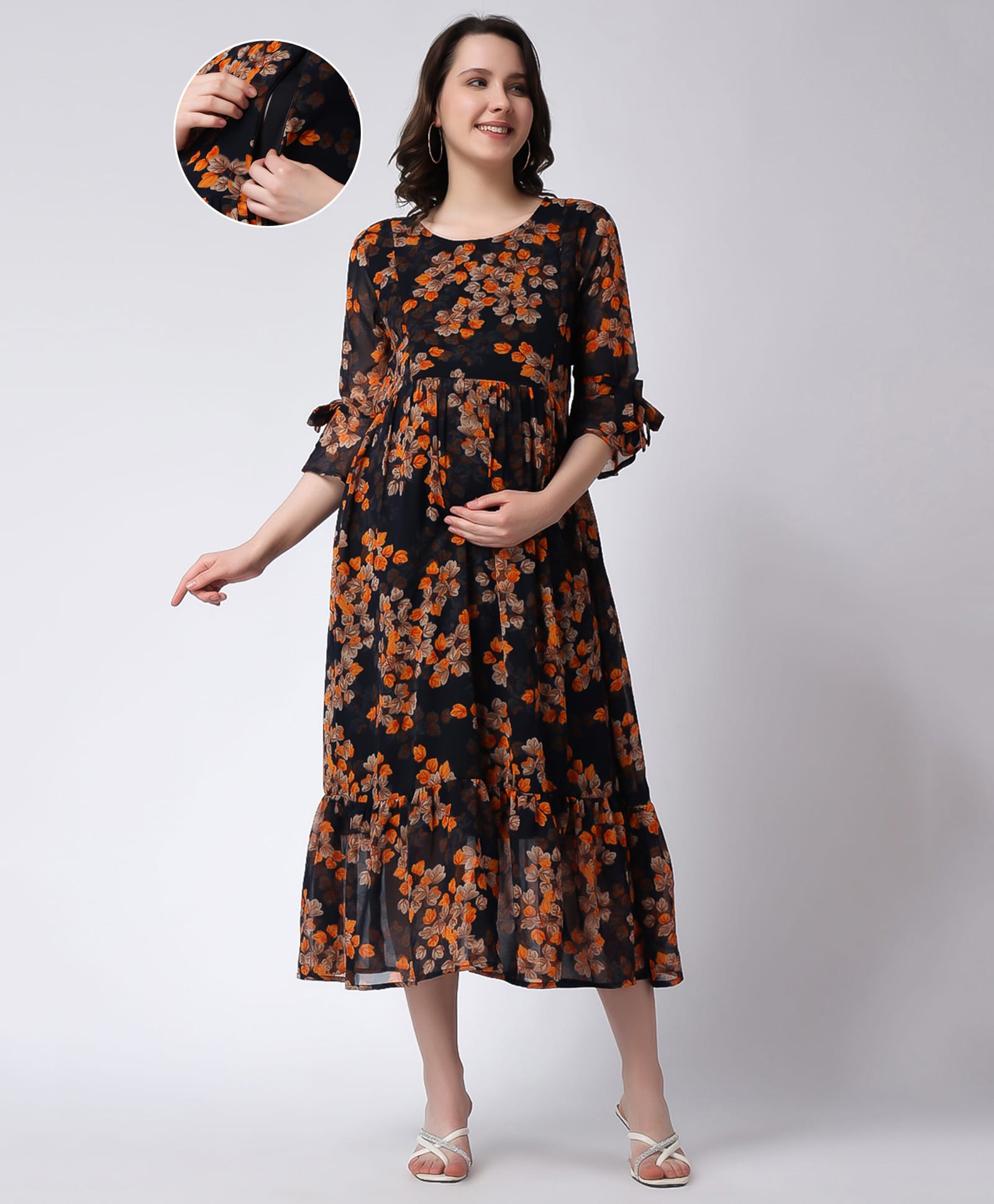 COLOR STUDIO Georgette Woven Three Fourth Bell Sleeves Leaves Printed Maternity Dress With Side Zippers Nursing Access - Navy Blue-image-27
