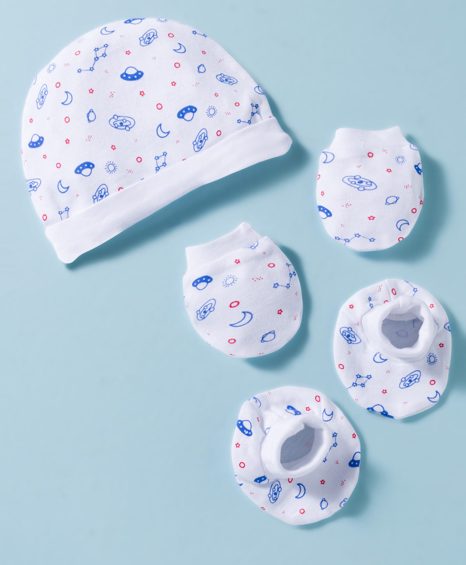 Rupa Peek A Boo Single Jersey Knit Unisex Cap, Mitten & Booties Set With Blue Space Print White - Diameter 12.5 cm